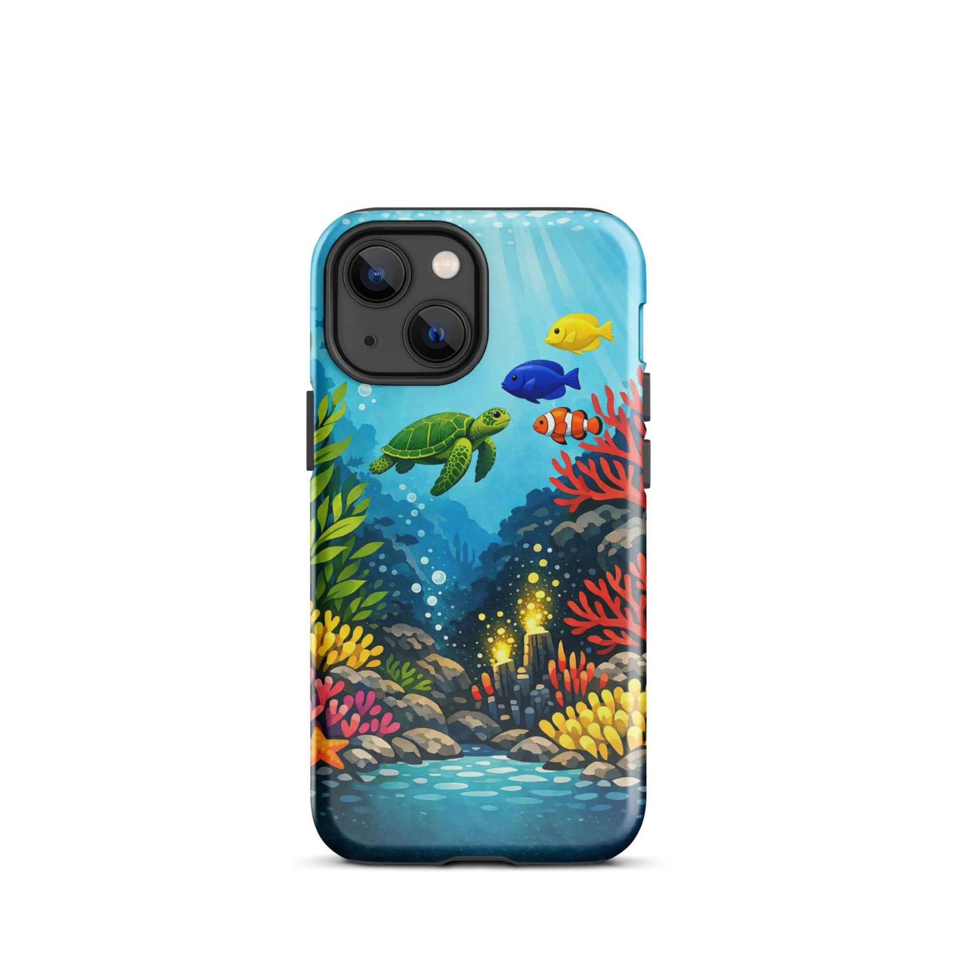 Vibrant sea turtle and coral reef design on a phone case for iPhone, showcasing colorful marine life.