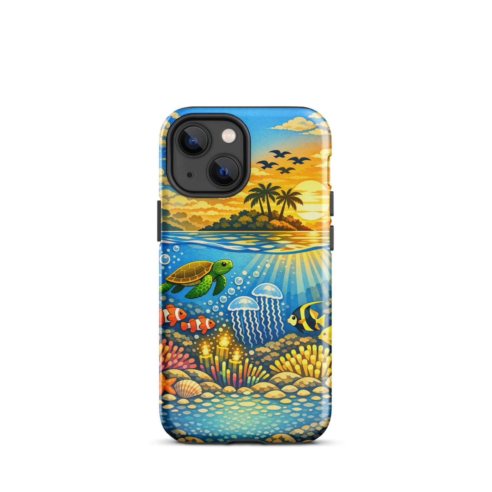 Phone Case for iPhone featuring a tropical sunset and colorful underwater reef scene with marine life.