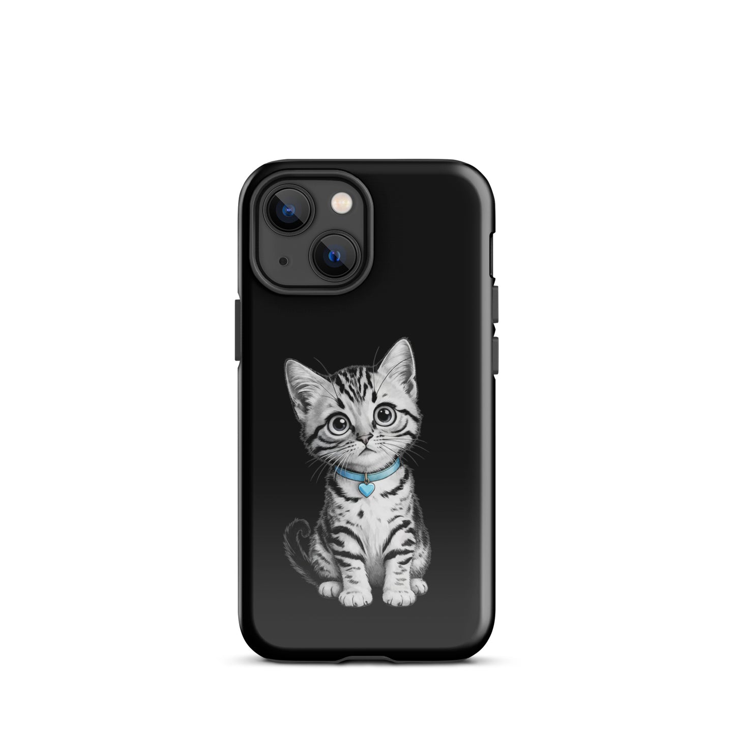 Phone Case for iPhone with kitten illustration and blue heart charm, offering stylish protection in a black-and-white design.