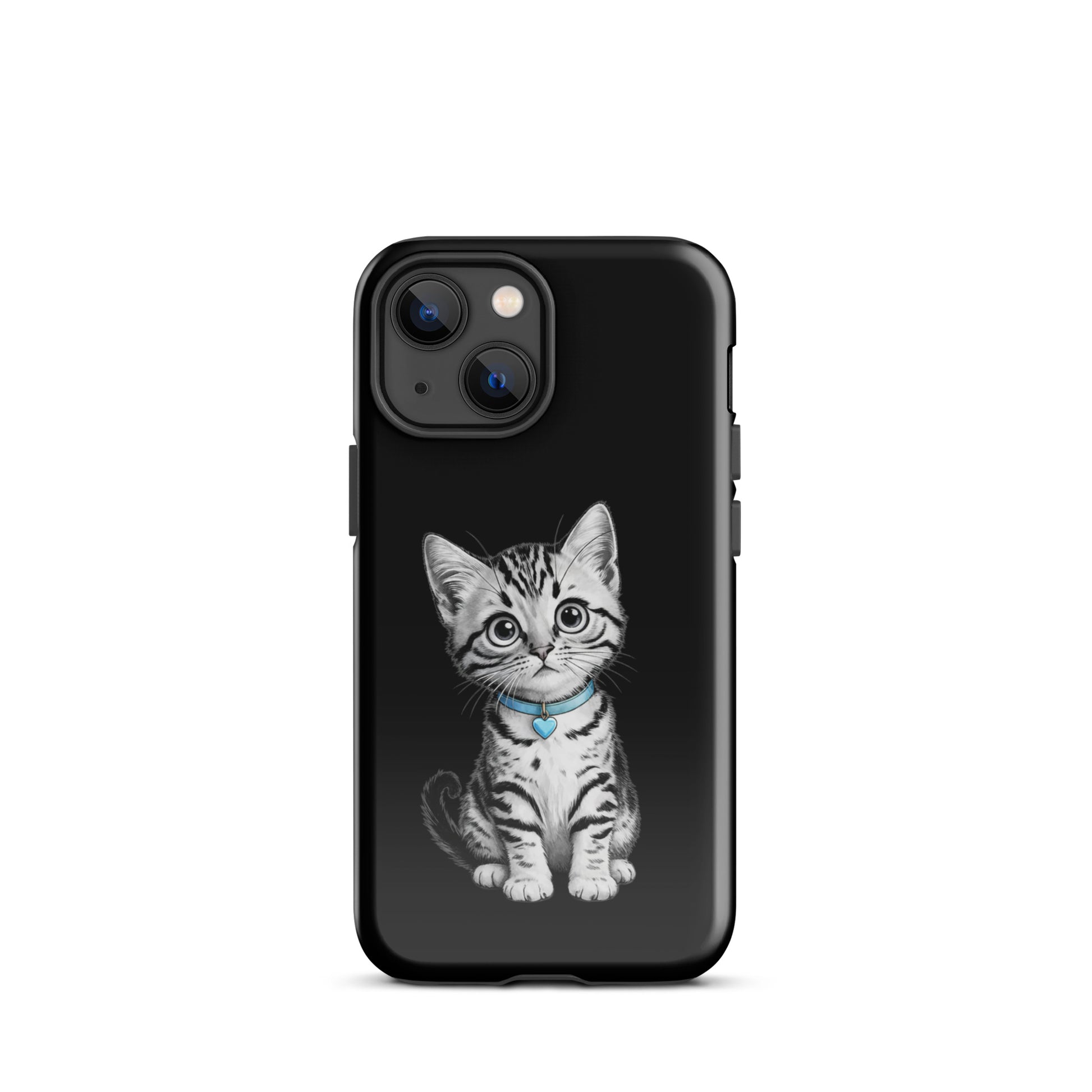 Phone Case for iPhone with kitten illustration and blue heart charm, offering stylish protection in a black-and-white design.
