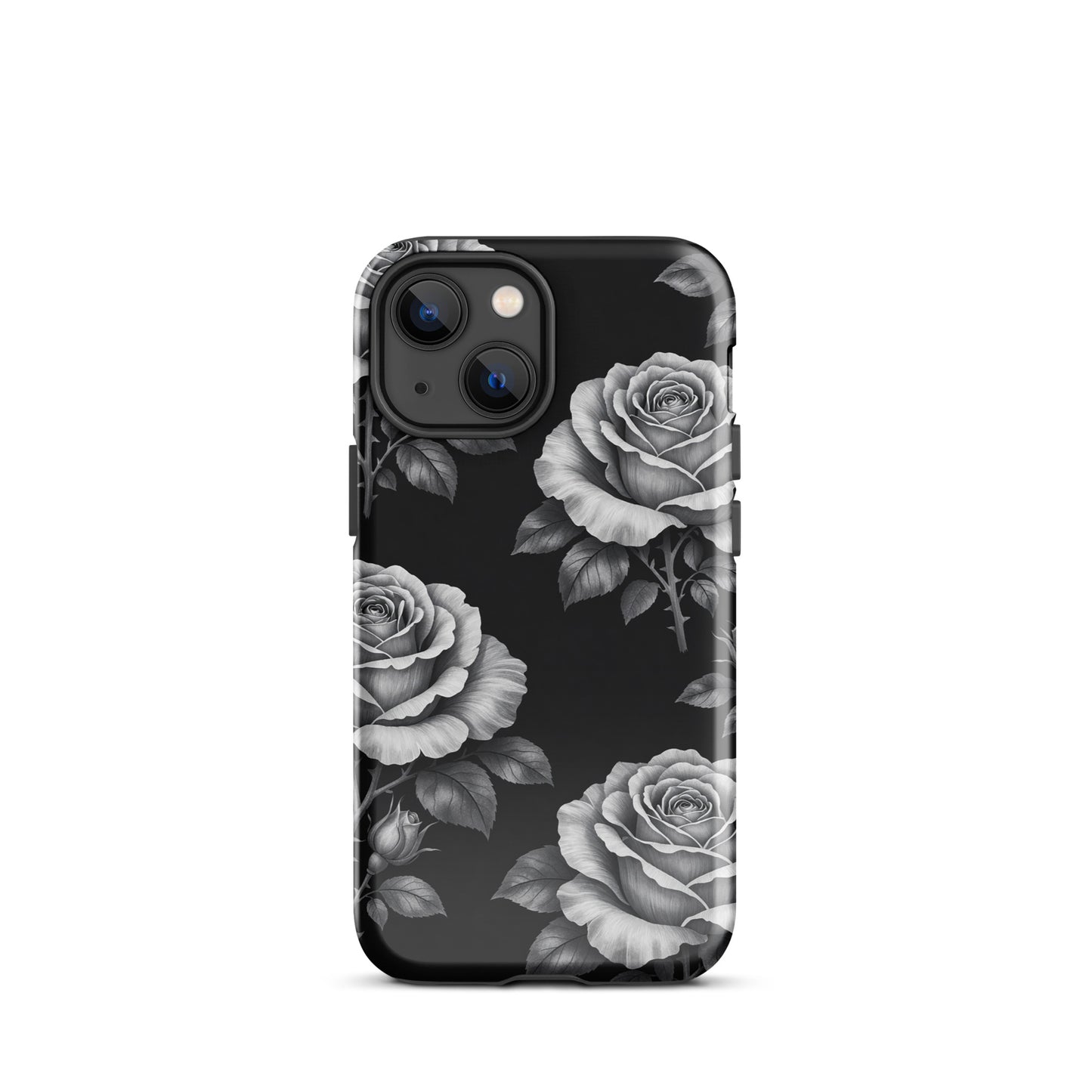 Phone Case for iPhone with black background featuring hand-sketched roses and leaves in a floral design, Rose Garden Tough Case.