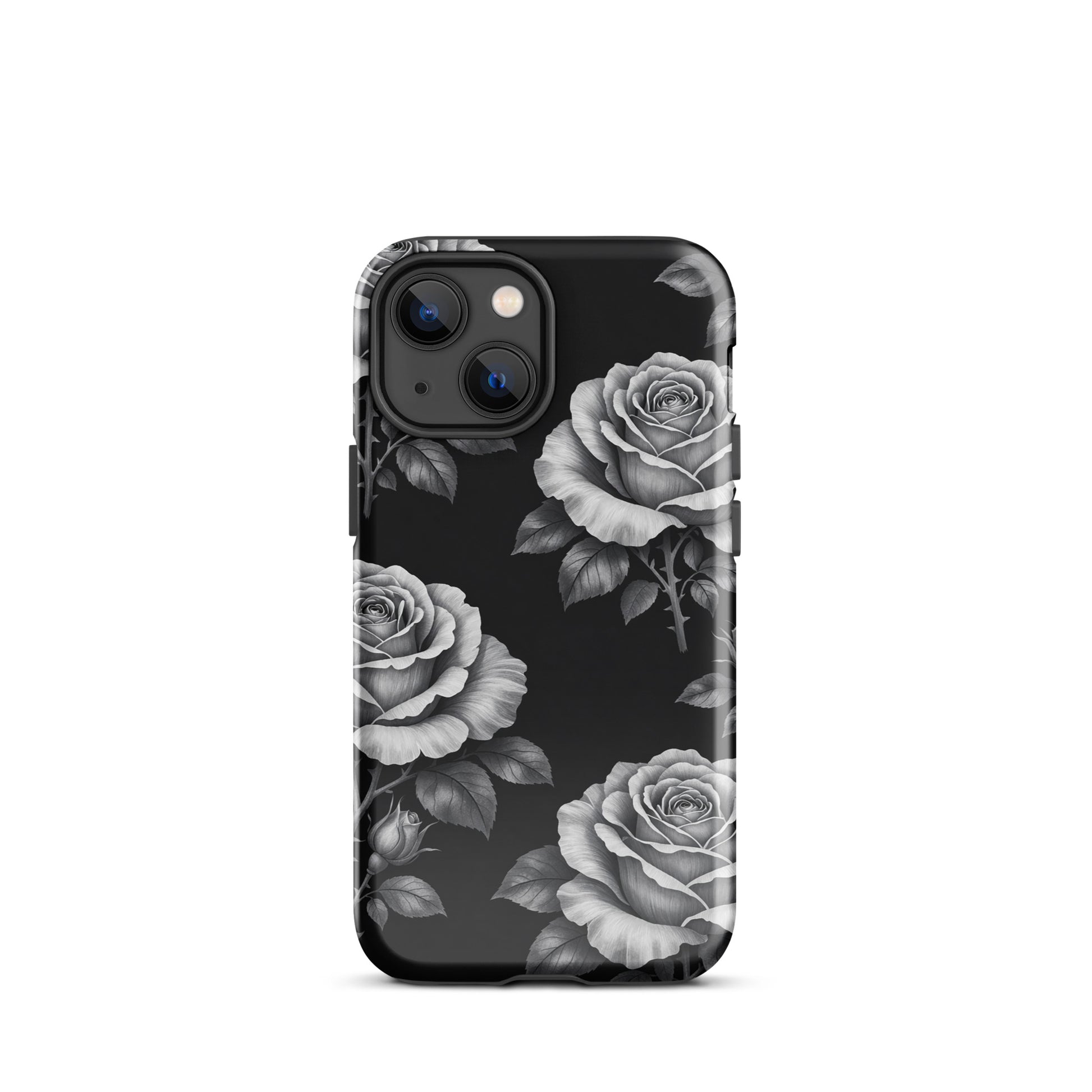 Phone Case for iPhone with black background featuring hand-sketched roses and leaves in a floral design, Rose Garden Tough Case.