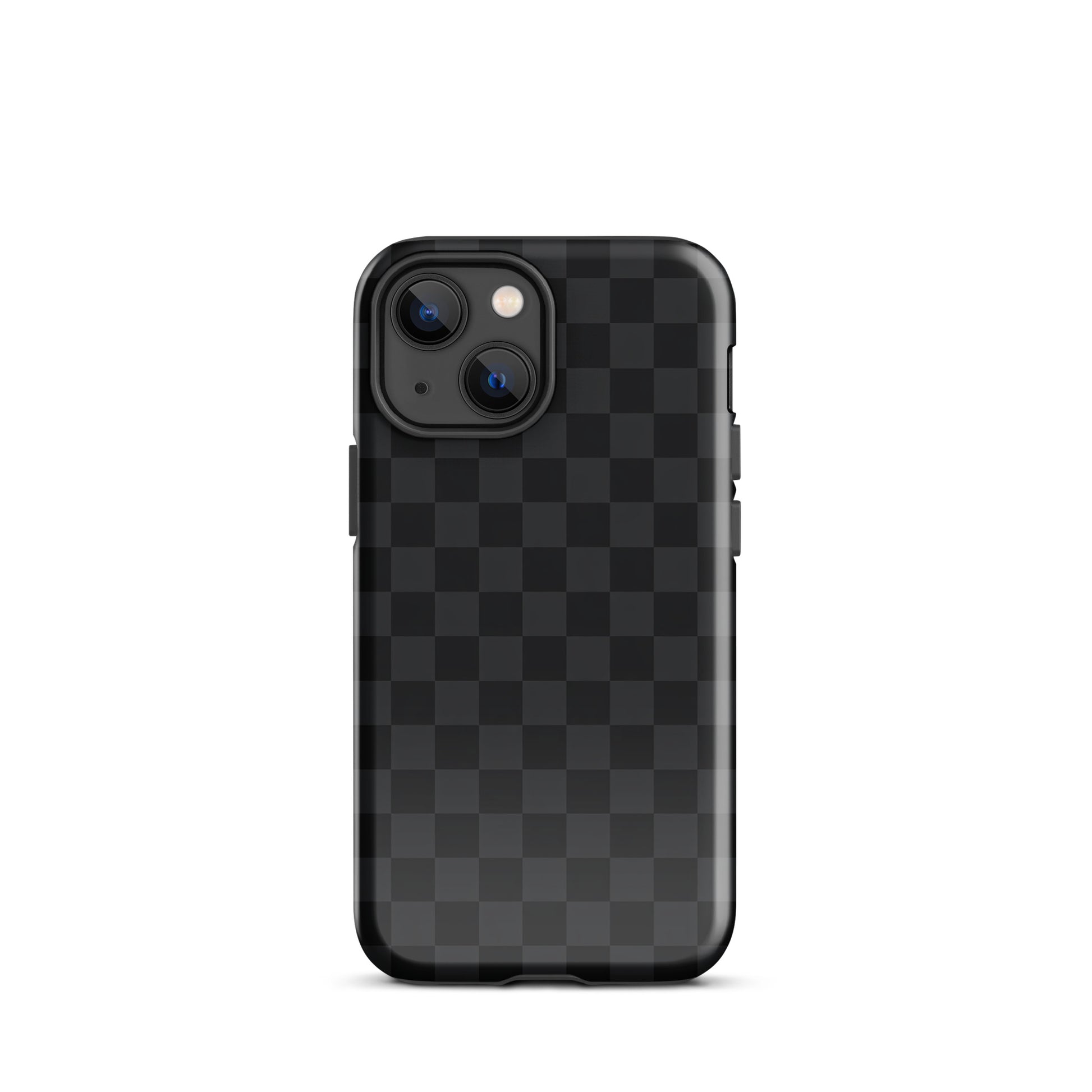 Phone Case for iPhone in black and charcoal checkered design, perfect for modern minimalists, combining protection and style.