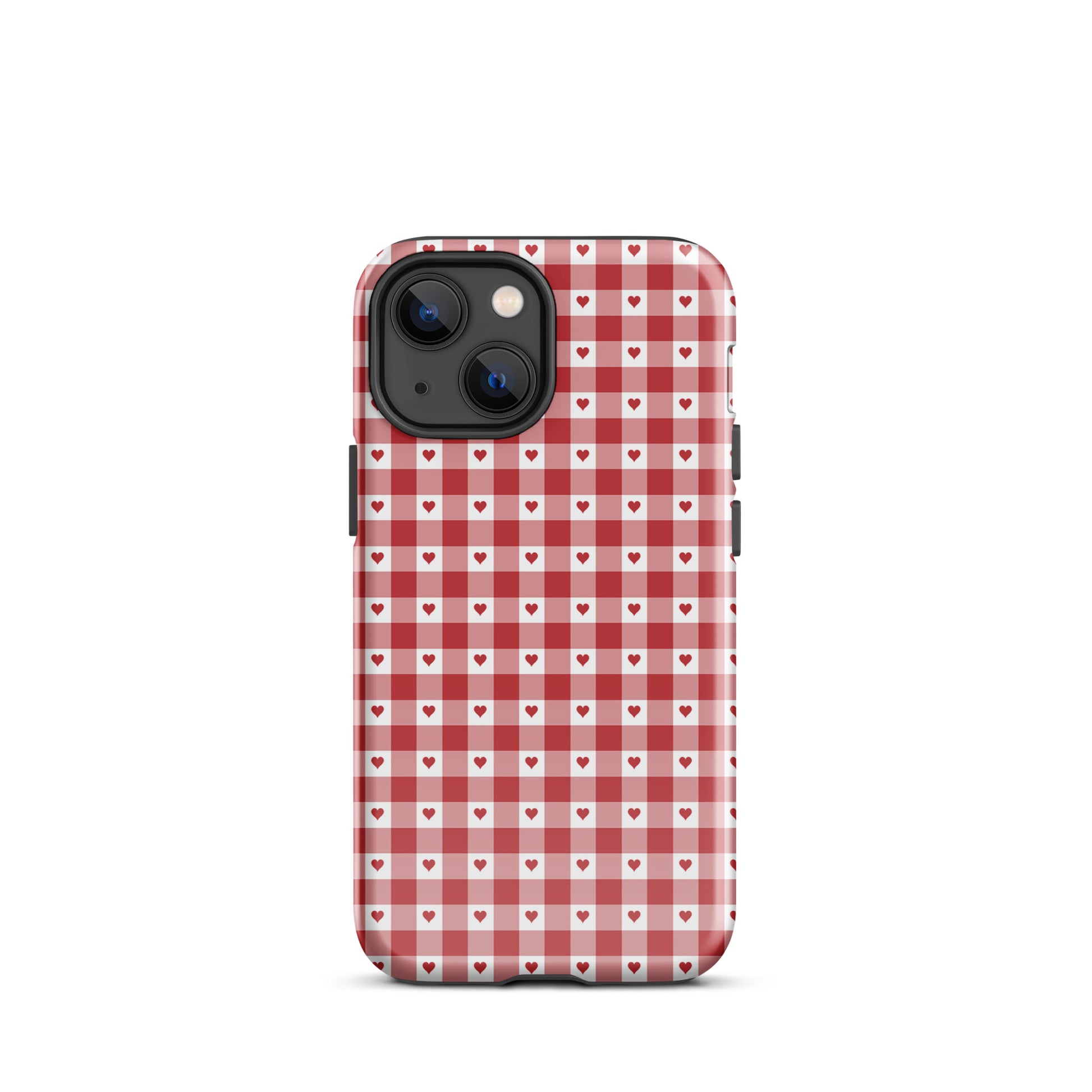Stylish Phone Case with red gingham heart pattern for iPhone, combining charm and protection in a chic accessory.
