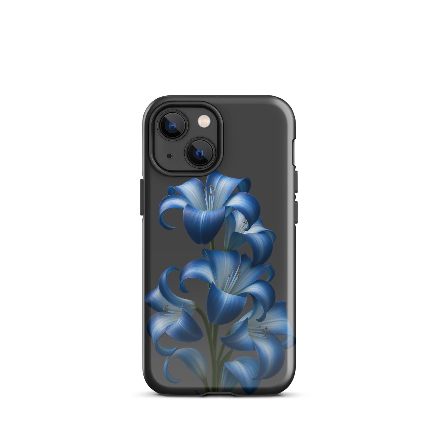 Phone Case for iPhone with blue lily bloom design, dual-layer protection, sleek dark backdrop, stylish and bold.