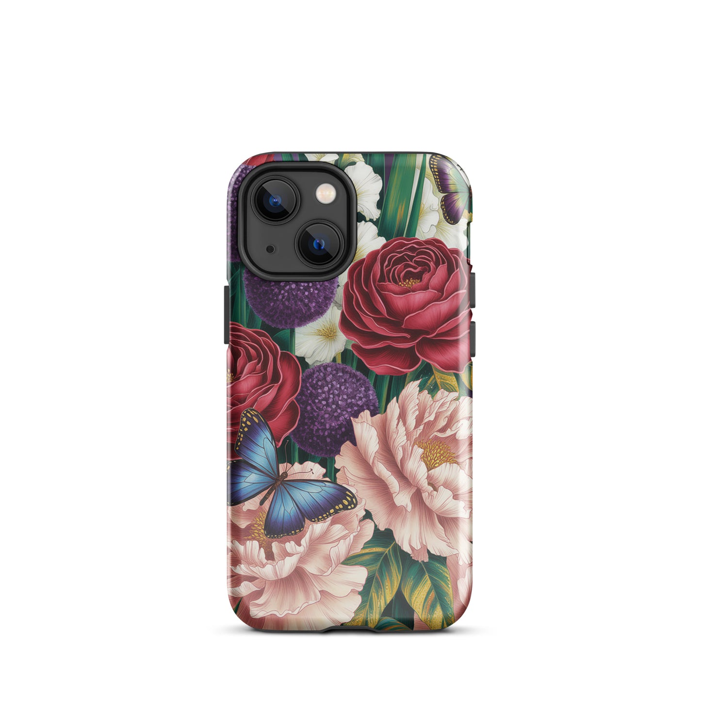 Phone Case for iPhone featuring crimson roses and butterflies, botanical garden bloom design.