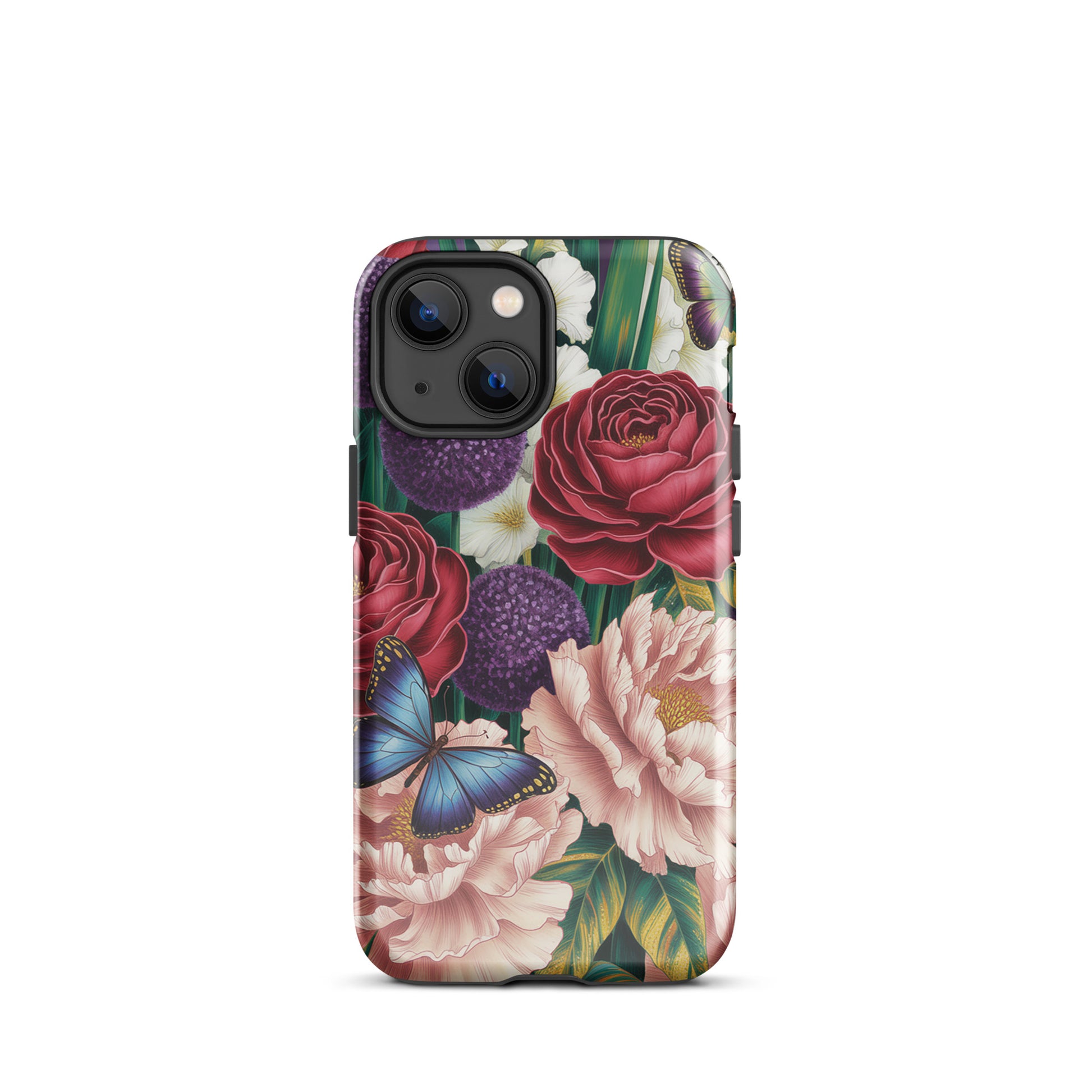 Phone Case for iPhone featuring crimson roses and butterflies, botanical garden bloom design.