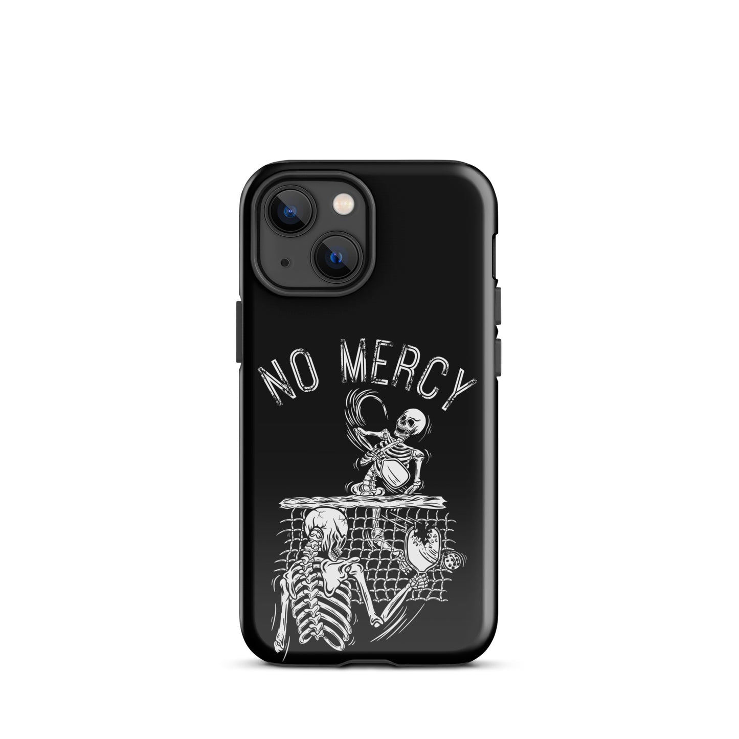 Pickleball iPhone case with 'No Mercy' skeleton design, perfect for intense court players.