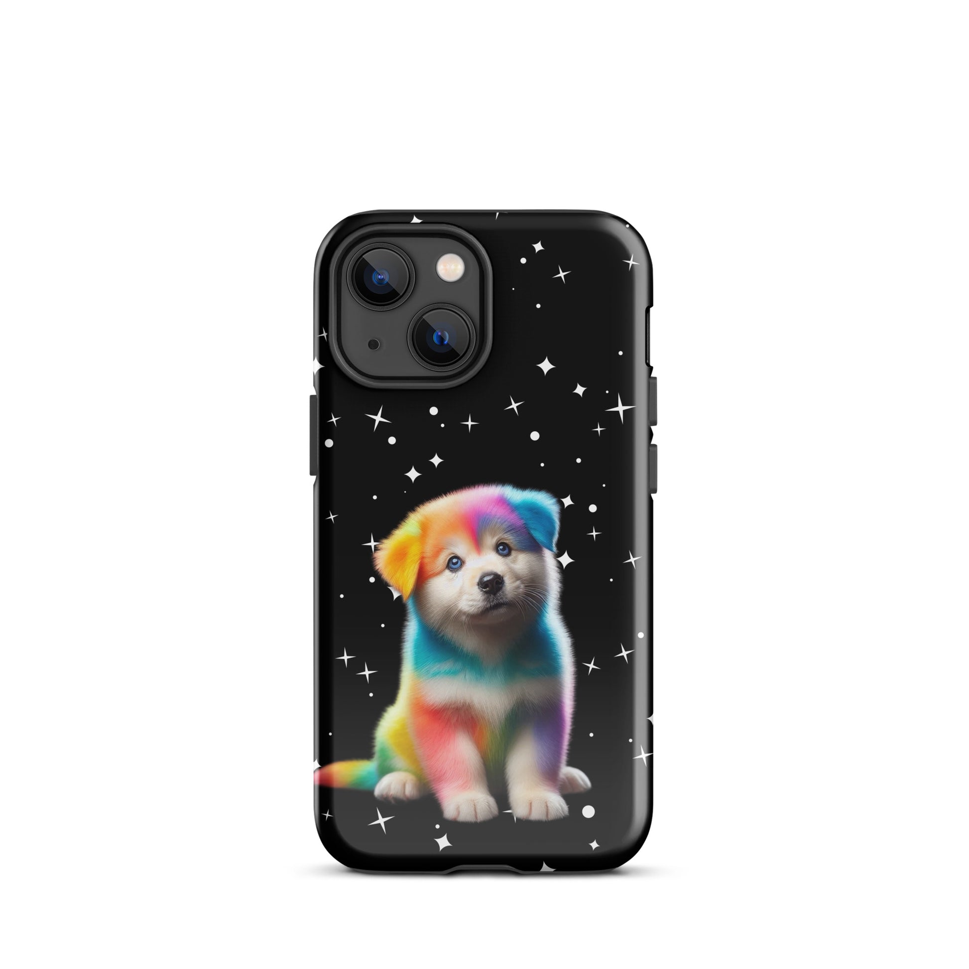 Phone Case with rainbow puppy and starry night design for iPhone, featuring vibrant colors and cosmic sparkle.