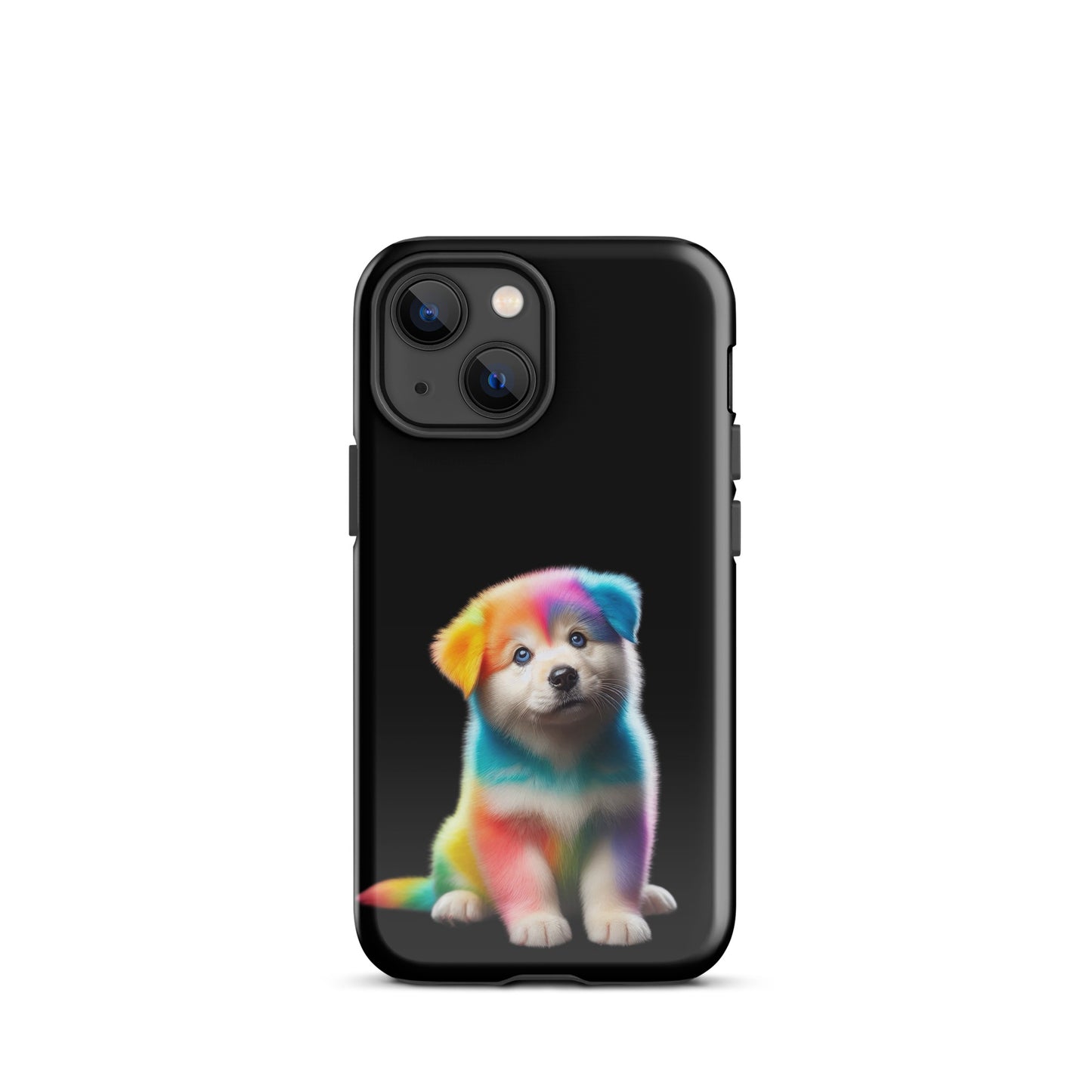 Phone Case featuring rainbow puppy design with cosmic sparkle on a dark night sky for iPhone.