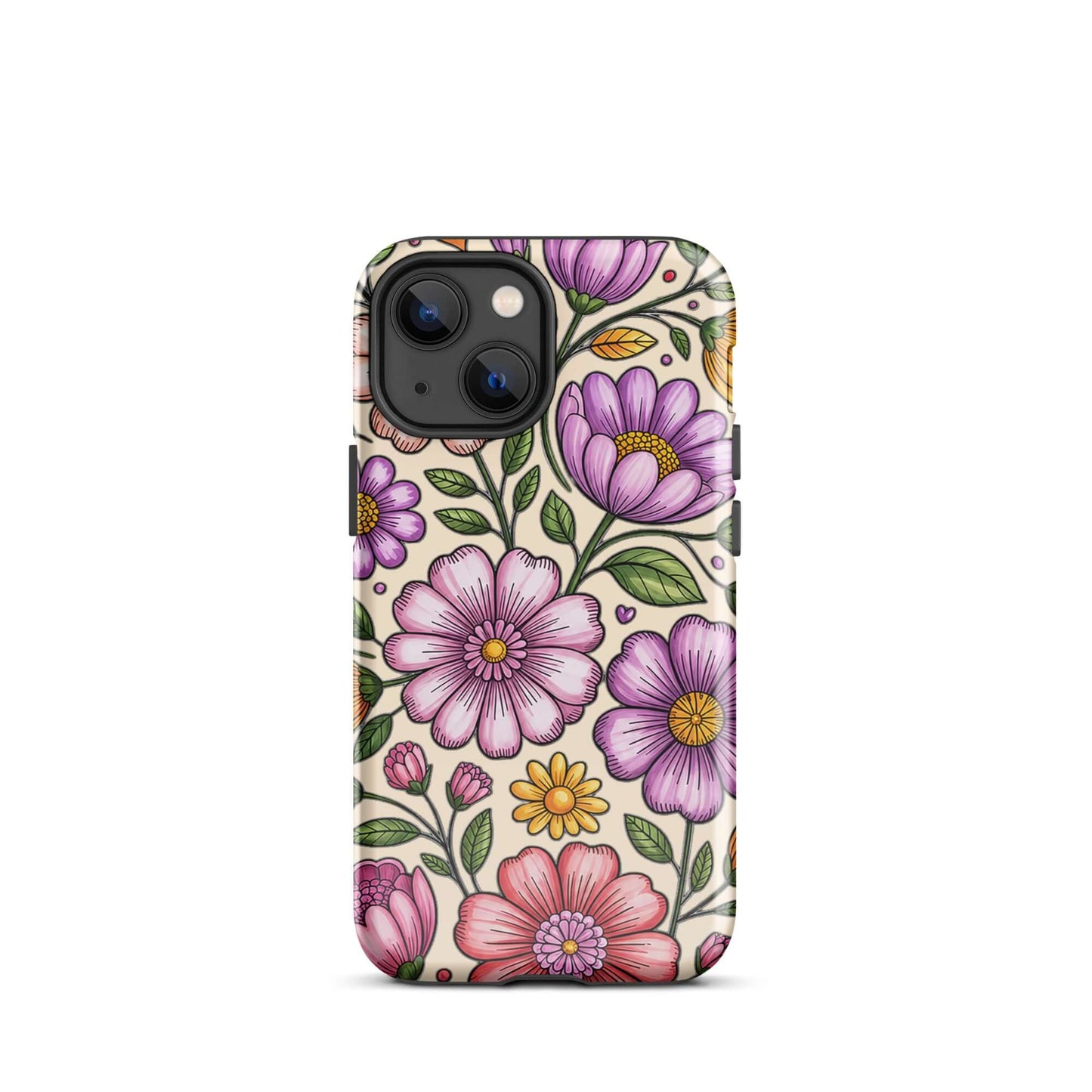 Phone Case for iPhone with pastel floral design, featuring pink, purple, and yellow flowers on a sturdy protective cover.