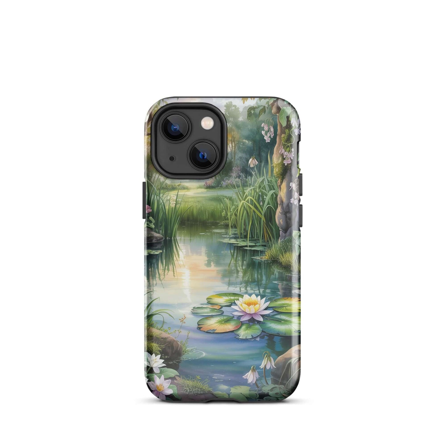 Phone Case for iPhone with enchanted pond design featuring lily-dotted water, lush greenery, and soft sunset reflections.
