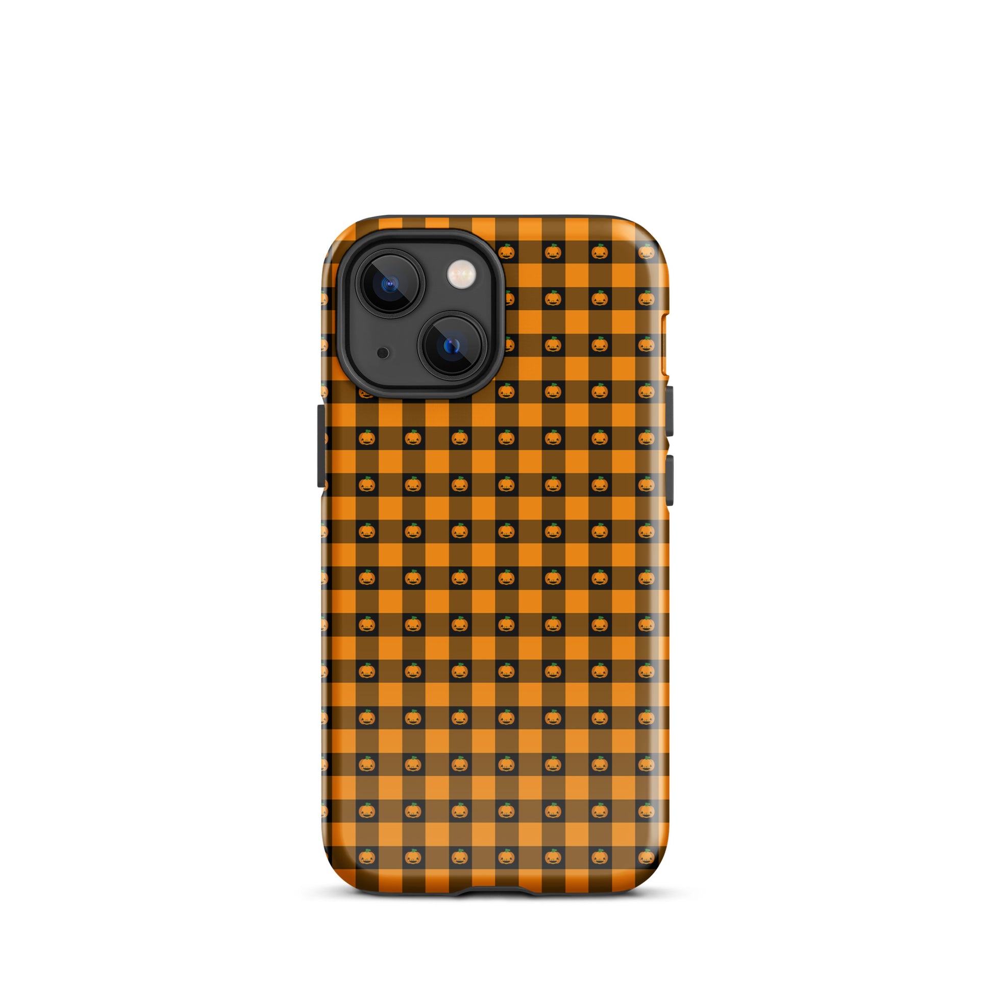 Phone Case for iPhone with playful pumpkin gingham Halloween design, featuring jack-o’-lantern faces, festive and fun accessory.