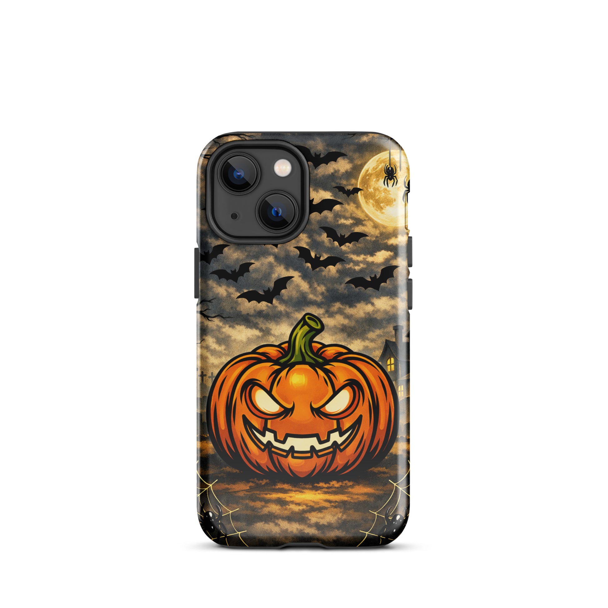 Phone Case for iPhone featuring a glowing jack-o'-lantern, swirling bats, and moonlit haunted house, perfect for Halloween enthusiasts.