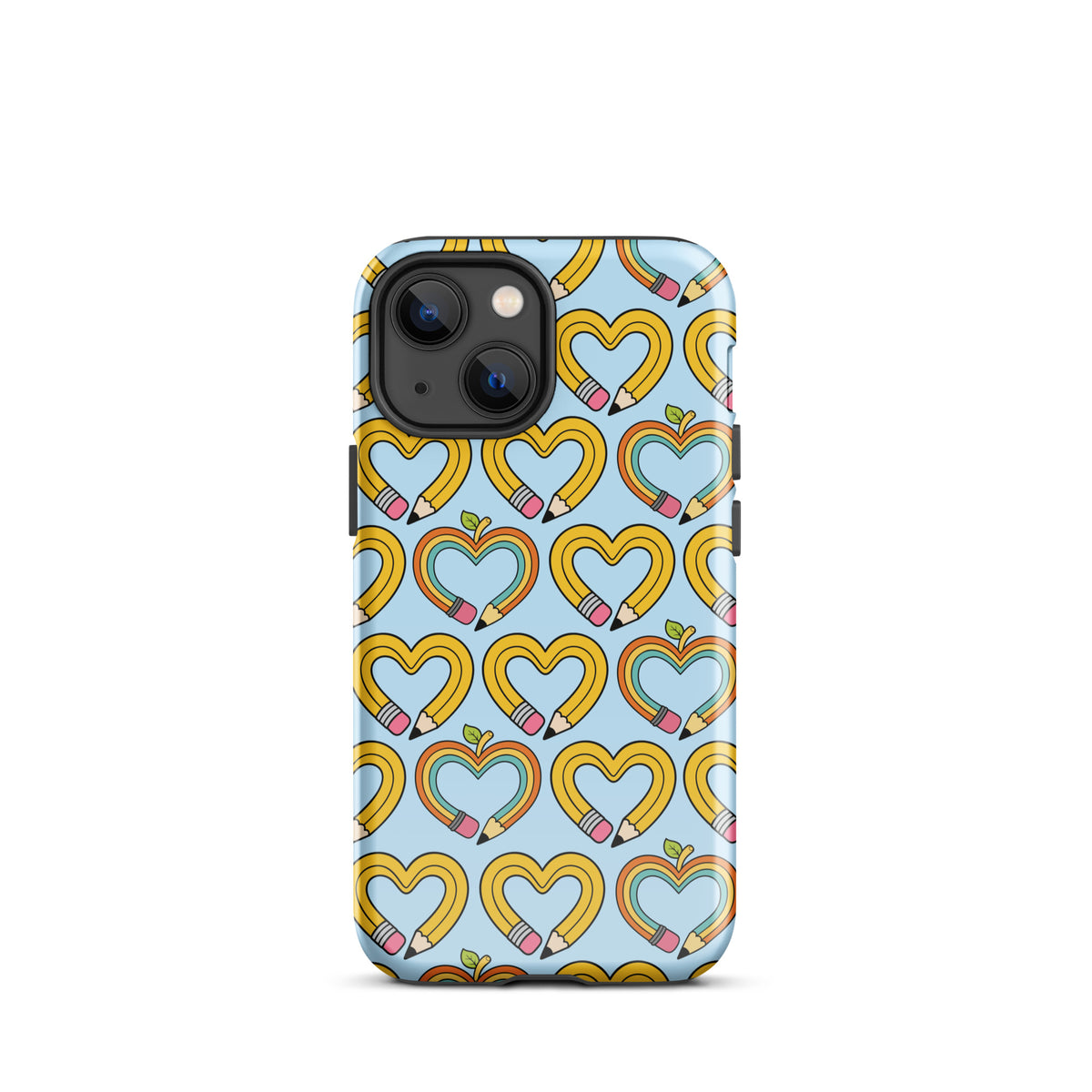 Phone Case with playful pencil-heart pattern and green leaves, symbolizing creativity and growth on iPhone. Perfect for back-to-school charm.