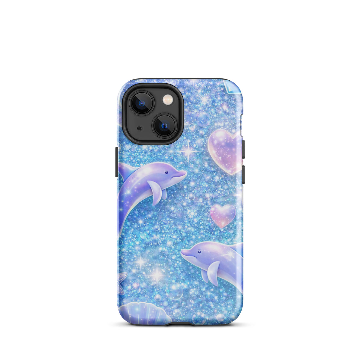 Phone Case for iPhone with Ocean Glitter Dolphins and Moonlit Shell Fantasy Design
