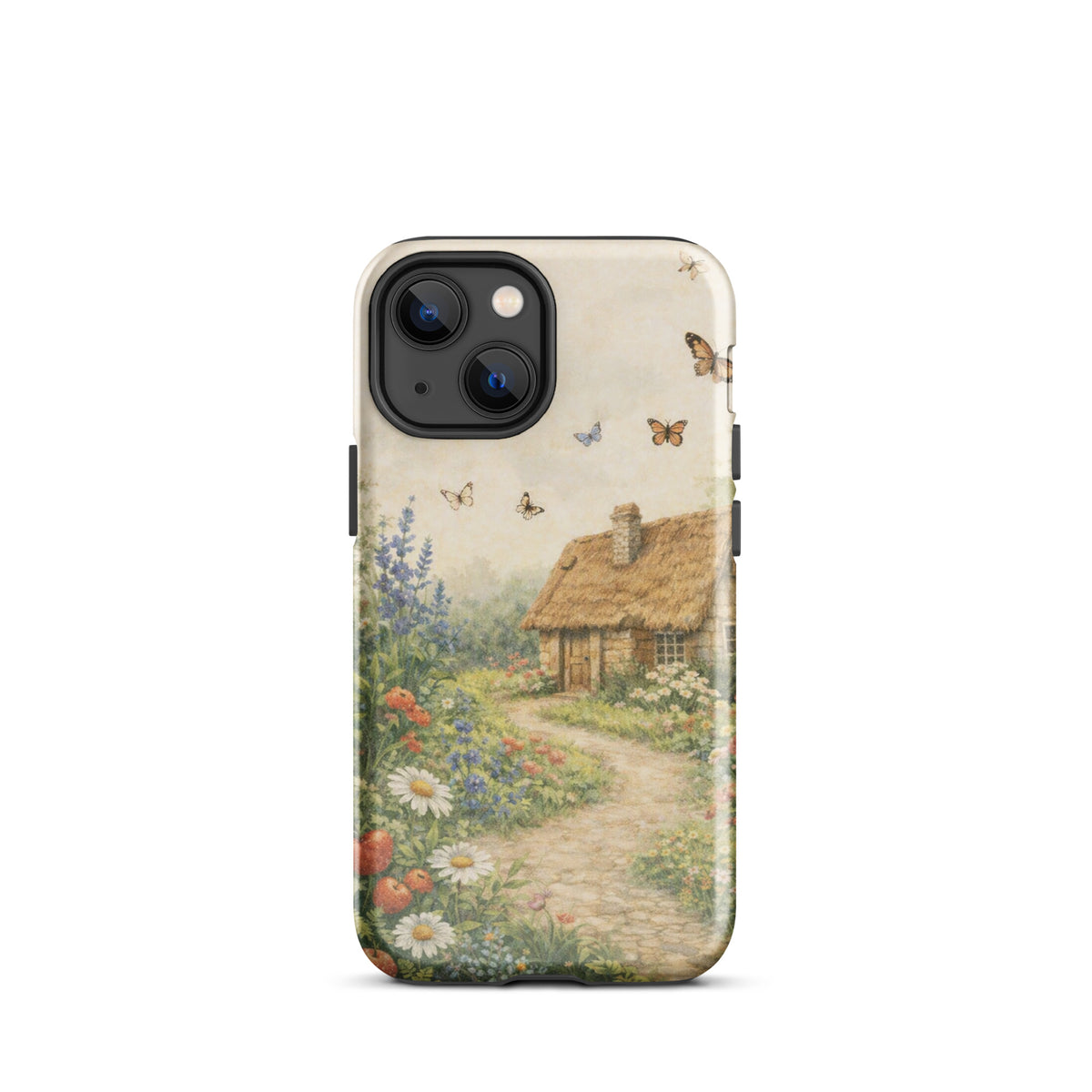 Phone Case for iPhone with cottage garden art featuring a cozy stone cottage, floral path, and butterflies on a cream background.