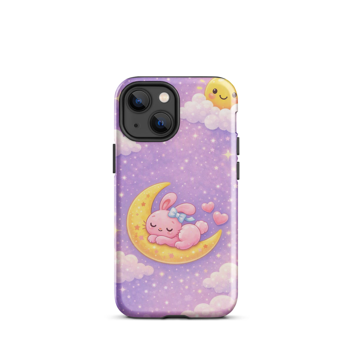Phone Case with dreamy bunny sleeping on a crescent moon, pastel stars, and clouds, iPhone accessory