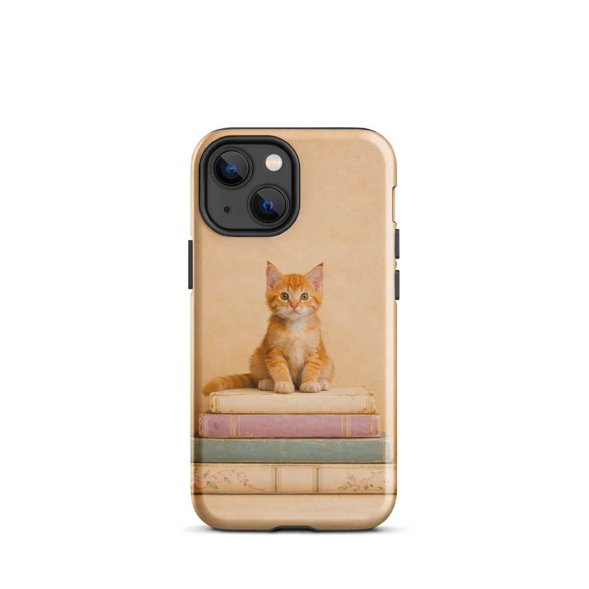 Phone Case for iPhone with cozy orange kitten on vintage books design