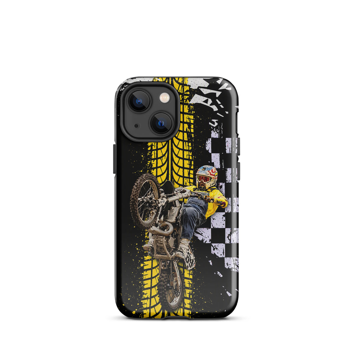 Phone Case for iPhone featuring Ronnie Mac air-wheelie with motocross design in black, white, and yellow.