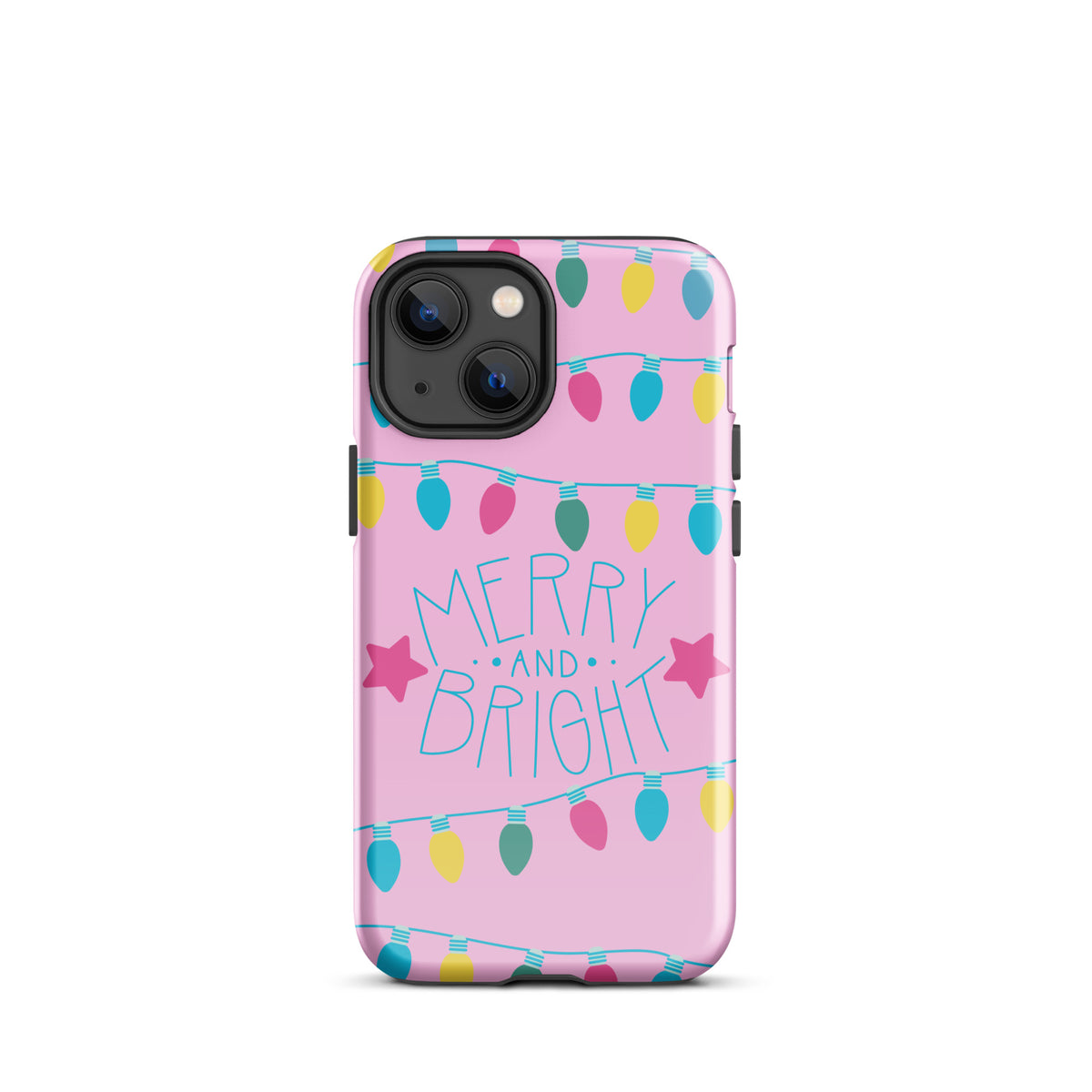 Phone Case for iPhone with Merry and Bright design featuring holiday lights on a pink background