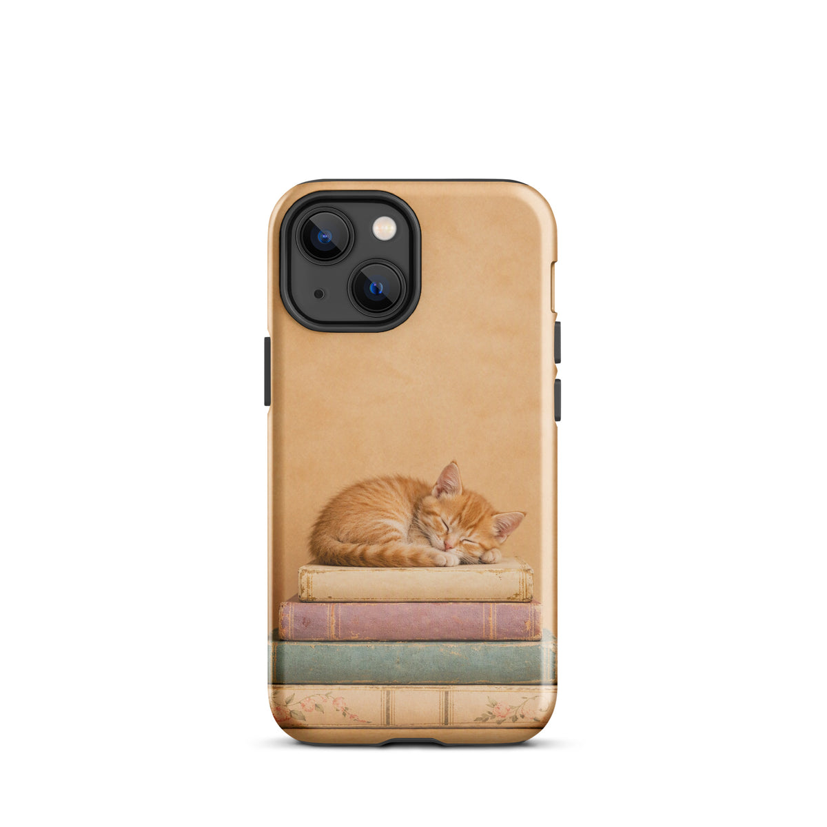 Phone Case featuring a sleeping kitten on vintage books design for iPhone with cozy charm.