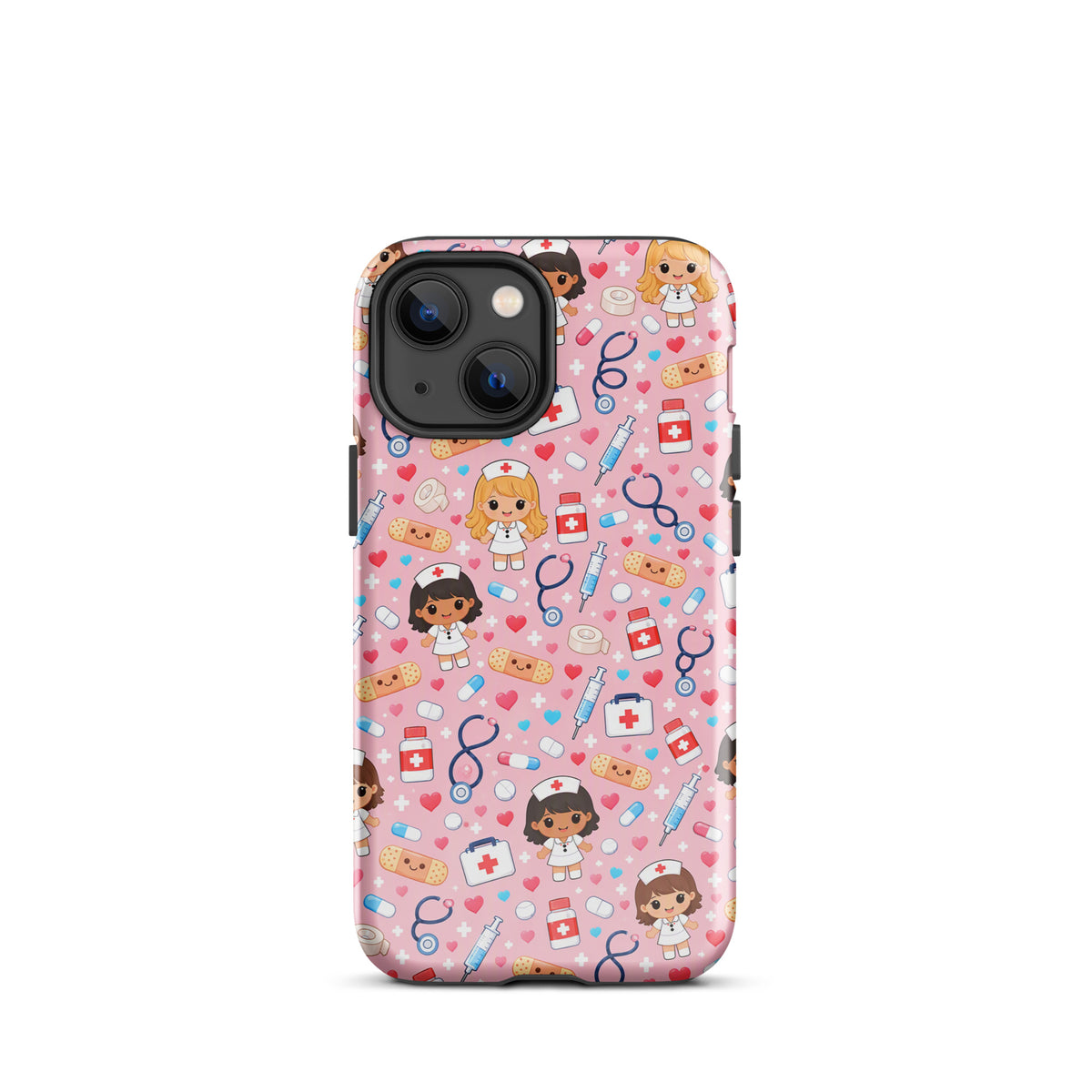 Phone Case for iPhone with cute kawaii nurse medical pattern on pink background featuring nurse characters and medical items.