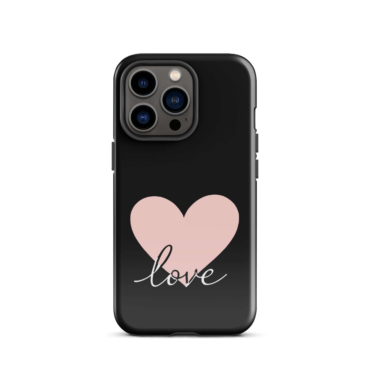 Phone Case for iPhone featuring heart and script 'love' design on a sleek black background.
