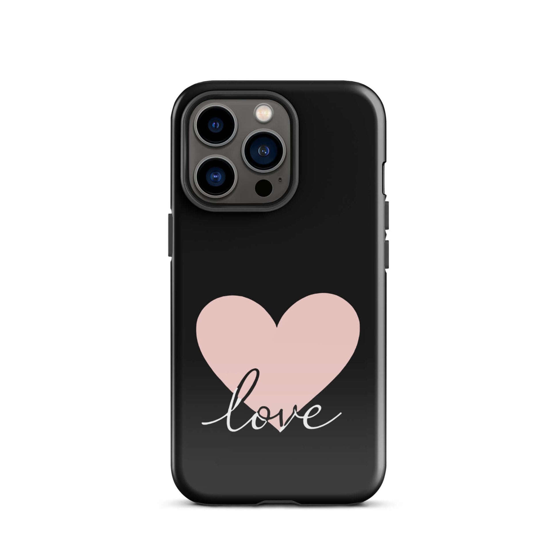 Phone Case for iPhone featuring heart and script 'love' design on a sleek black background.