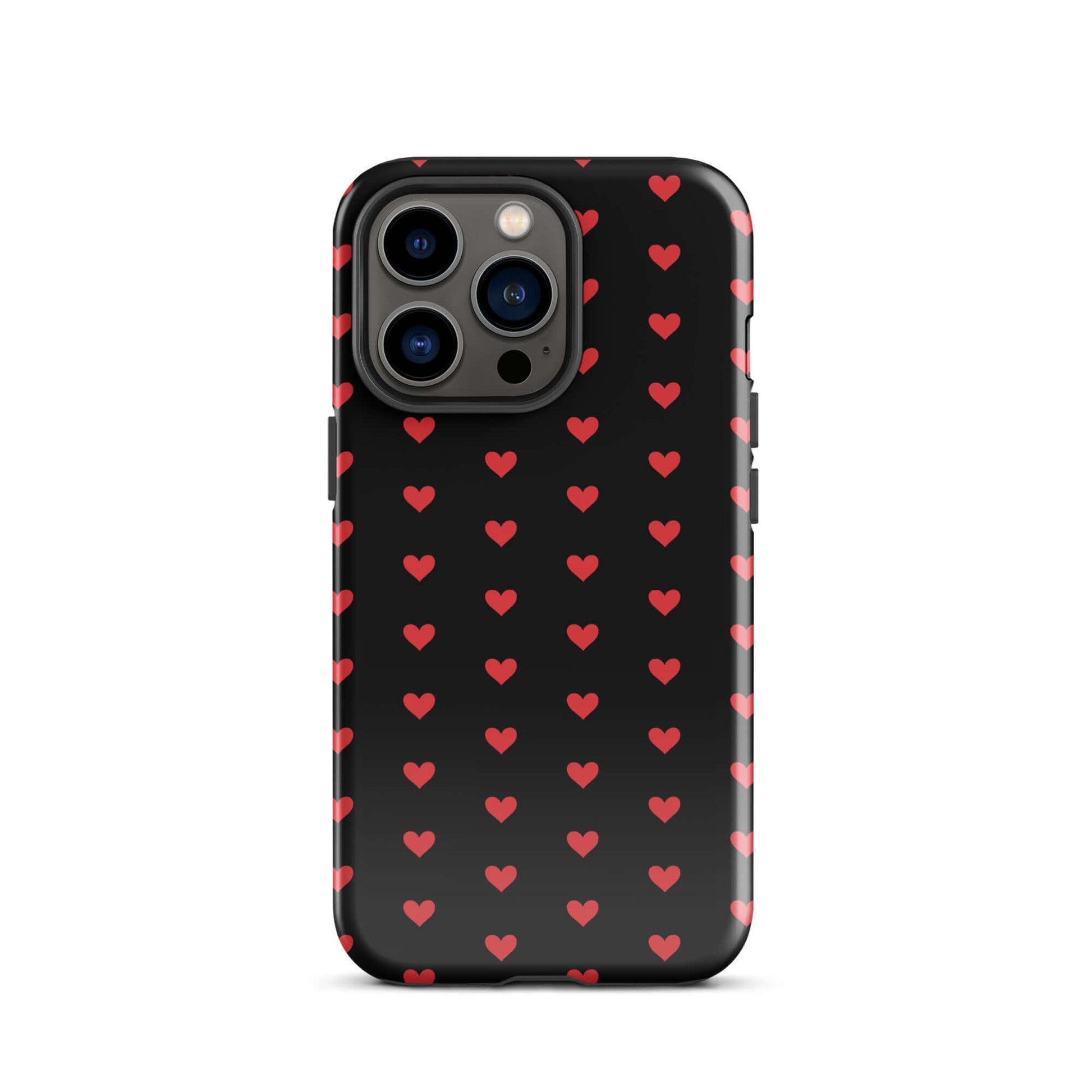 Phone Case for iPhone featuring fiery red hearts on a black background, combining bold design with durable protection.