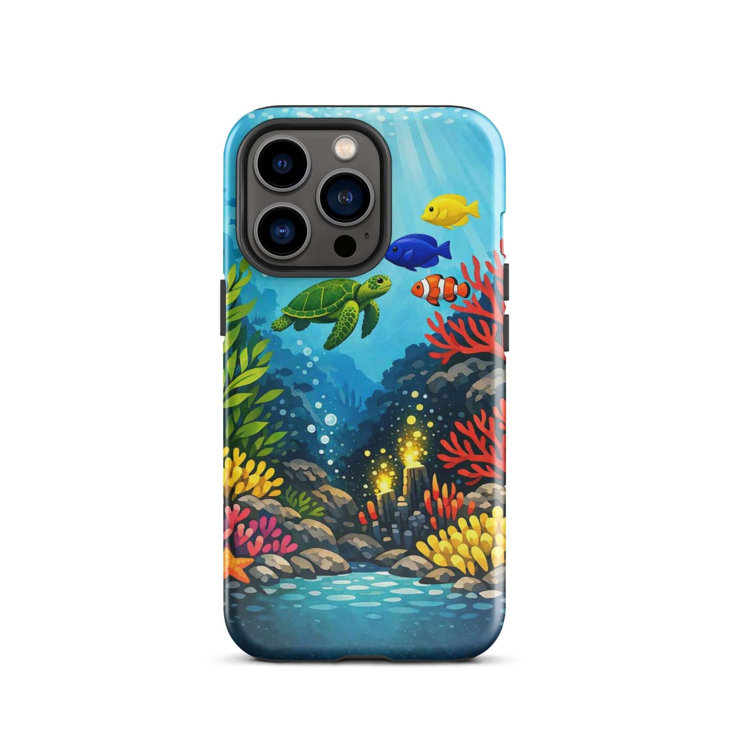 Phone case featuring vibrant sea turtle and colorful coral reef design, perfect for ocean lovers.