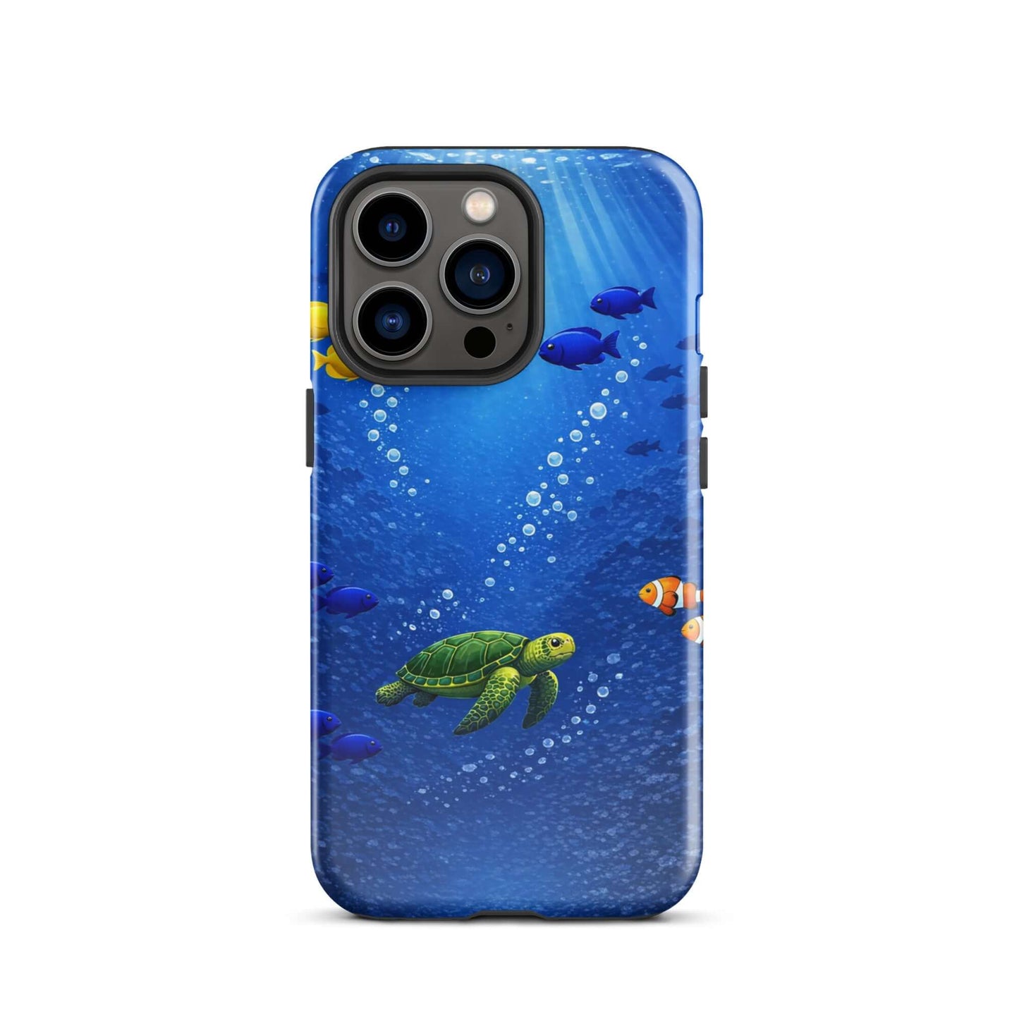 Phone Case featuring a vibrant sea turtle design against a deep blue ocean backdrop, with tropical fish.