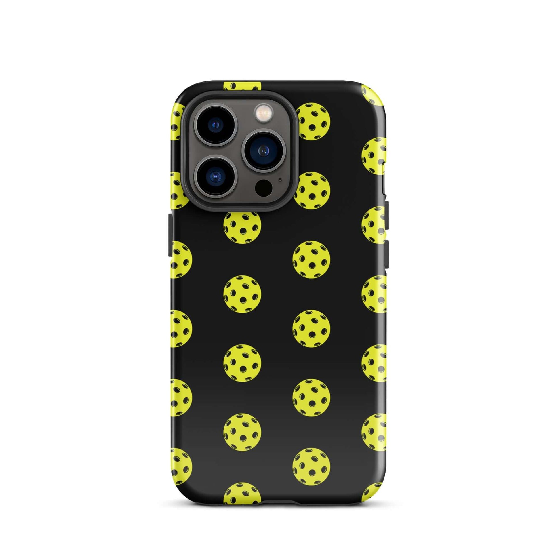 Phone Case with vibrant pickleball pattern on a black background for sporty style.