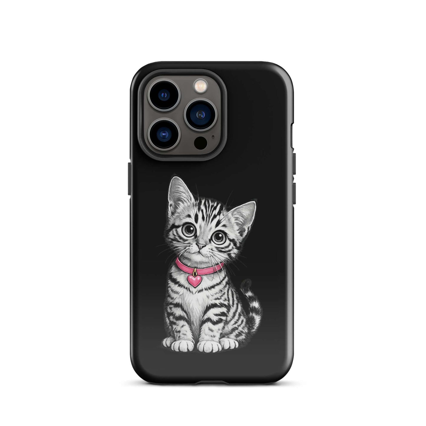 Phone Case with pencil sketch kitten and pink heart charm, premium protection for iPhone, black-and-white artistic design.