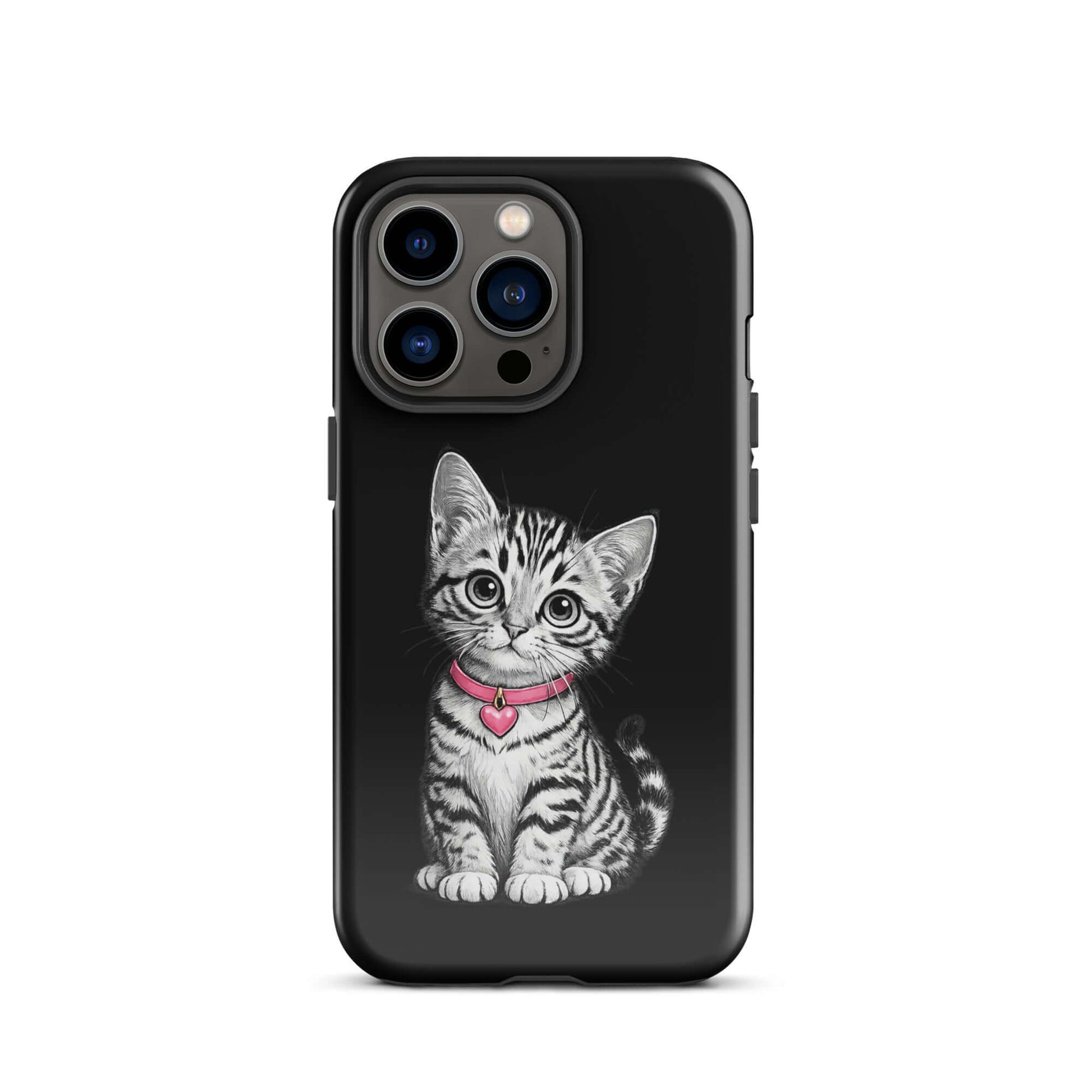 Phone Case with pencil sketch kitten and pink heart charm, premium protection for iPhone, black-and-white artistic design.