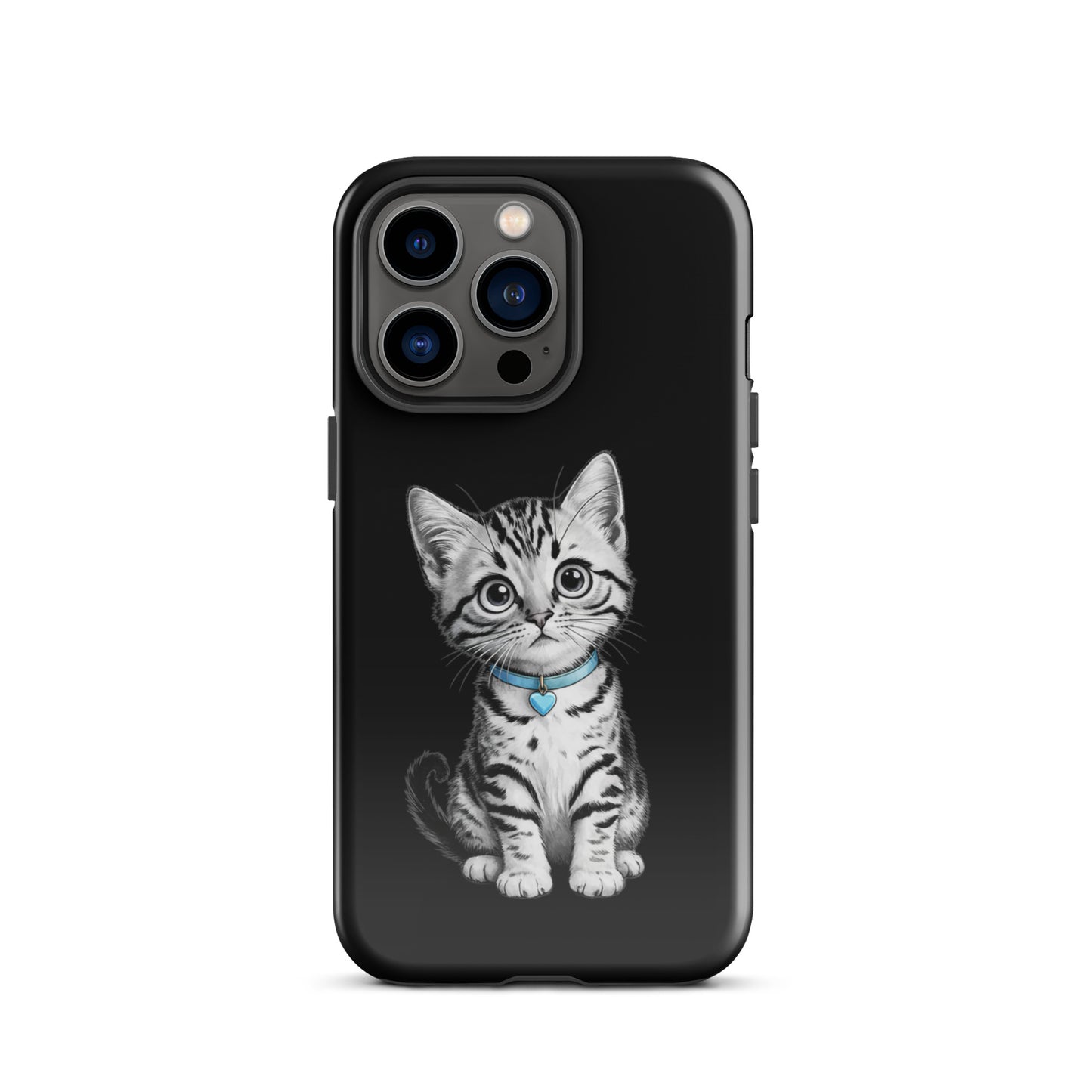 Phone Case with kitten sketch, blue heart charm for iPhone, artistic design, black-and-white cat illustration
