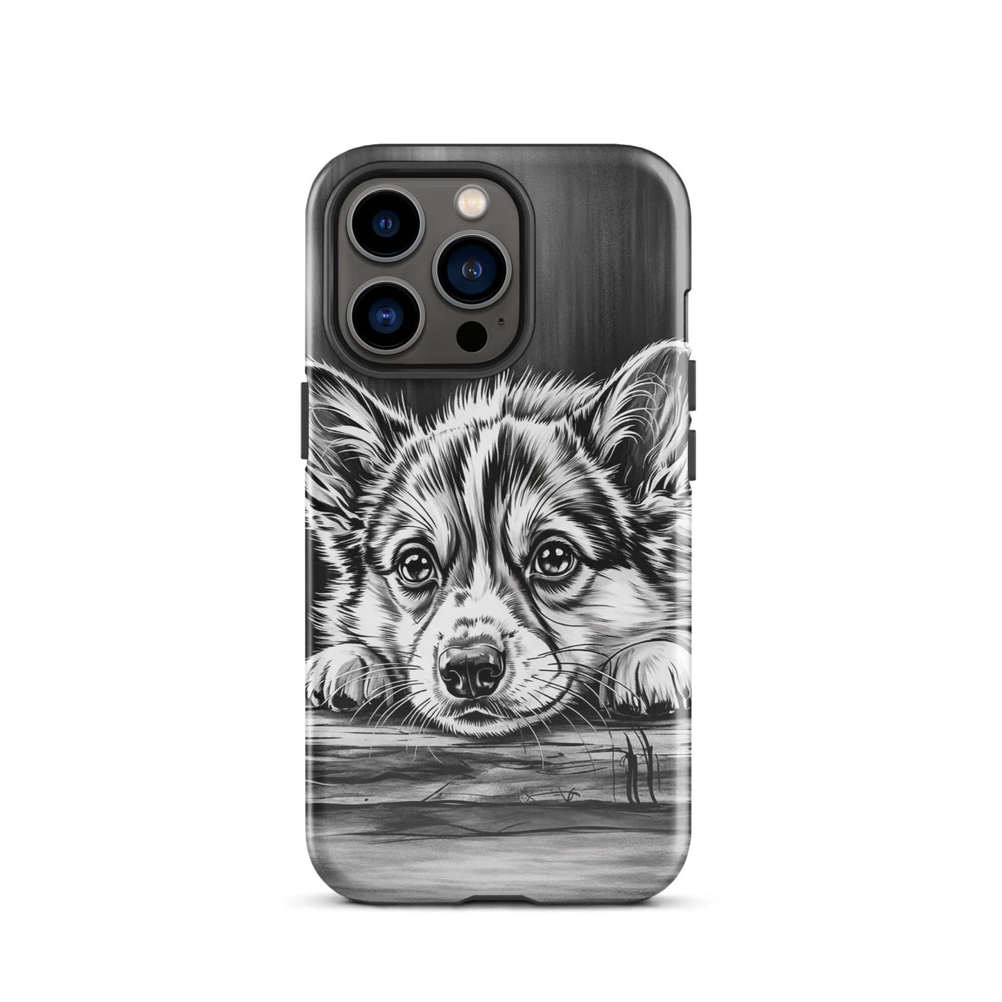 Phone Case for iPhone featuring elegant monochrome puppy illustration on natural wood pattern, combining artistic charm and protection.
