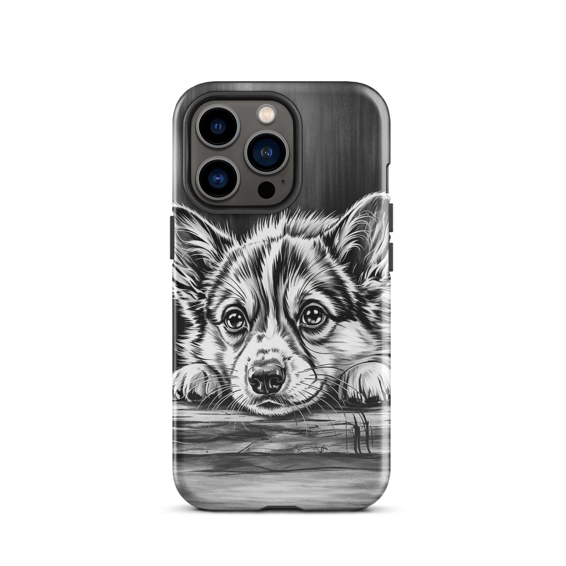 Phone Case for iPhone featuring elegant monochrome puppy illustration on natural wood pattern, combining artistic charm and protection.