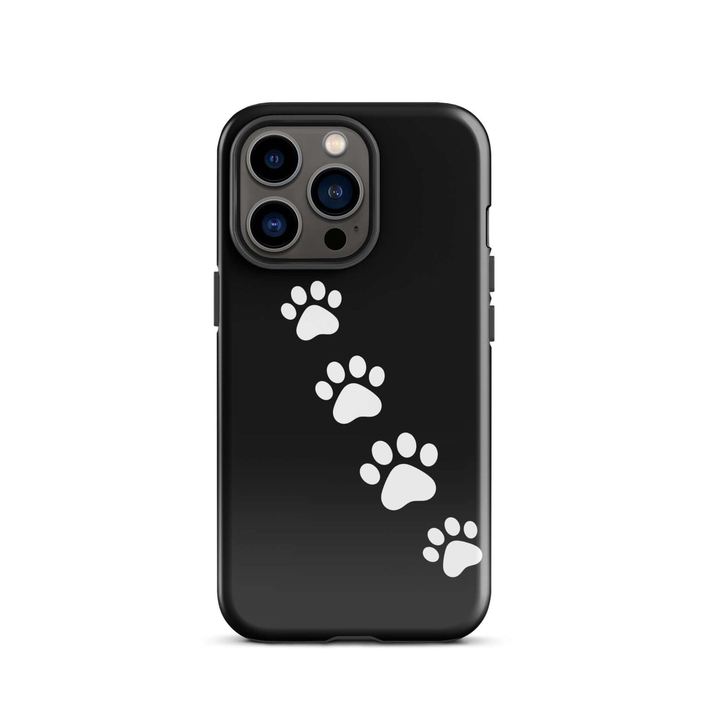 Phone case with white paw-print trail design on a black background, ideal for pet lovers.