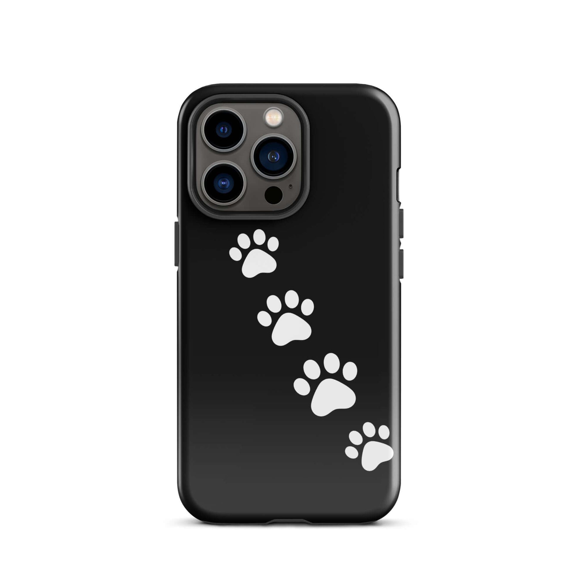 Phone case with white paw-print trail design on a black background, ideal for pet lovers.