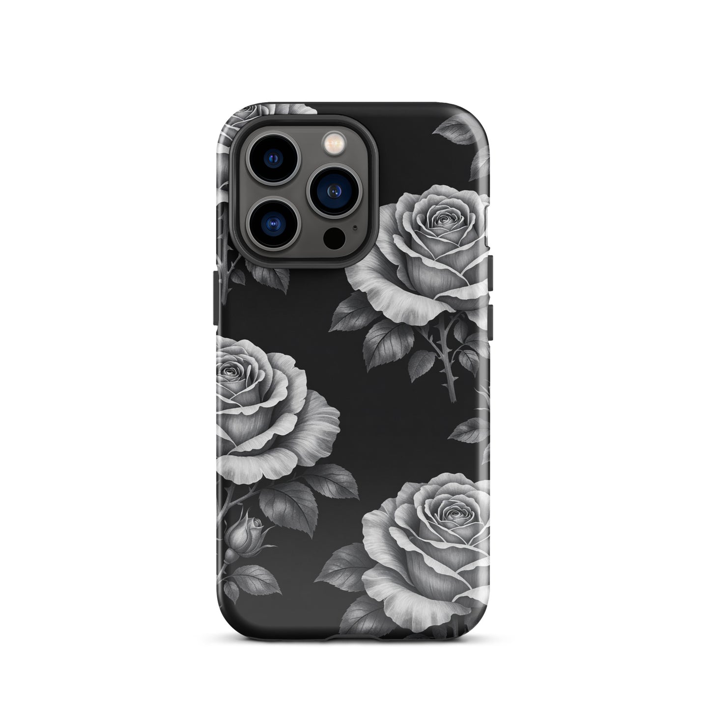 Phone Case for iPhone with rose garden design on black background, featuring hand-sketched roses and lush leaves, elegant floral charm.