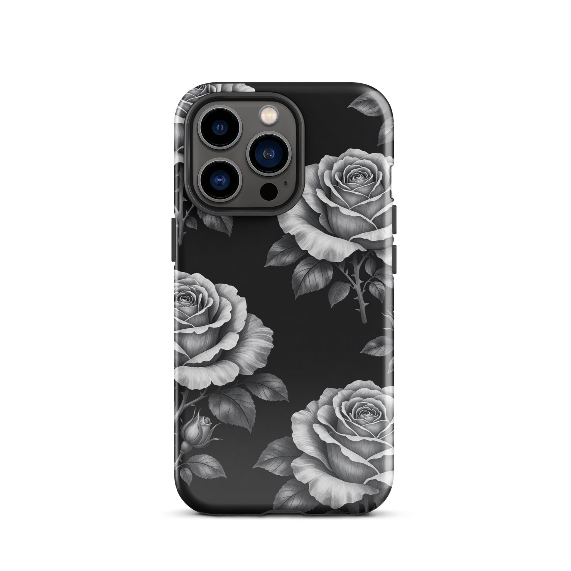 Phone Case for iPhone with rose garden design on black background, featuring hand-sketched roses and lush leaves, elegant floral charm.