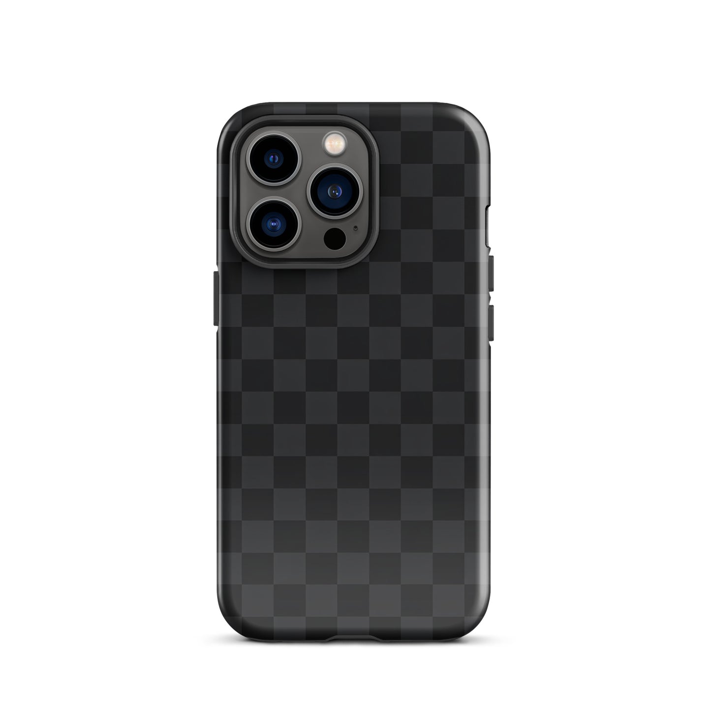 Phone Case for iPhone with black and charcoal checkered design; sleek, modern style for minimalists, providing device protection.