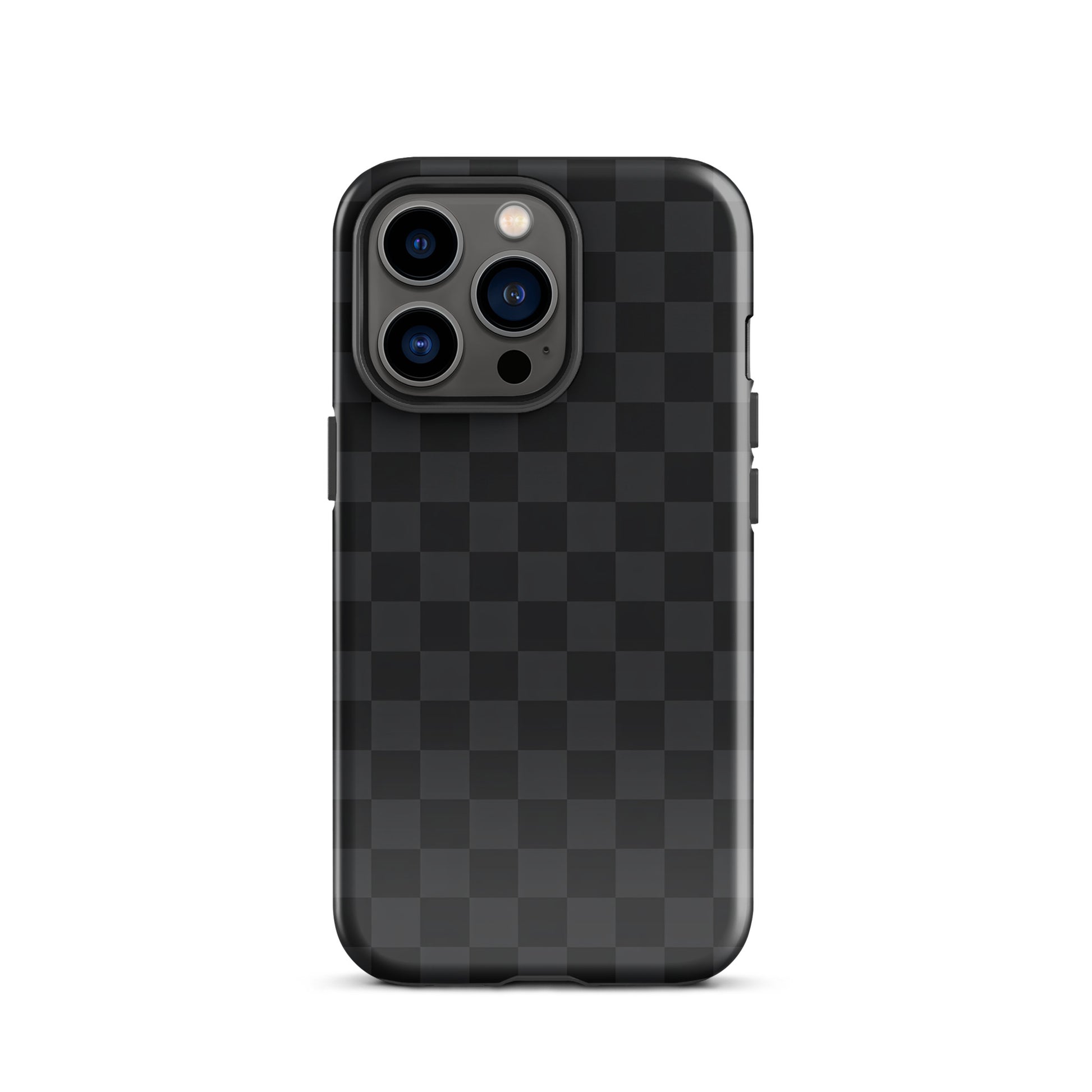 Phone Case for iPhone with black and charcoal checkered design; sleek, modern style for minimalists, providing device protection.
