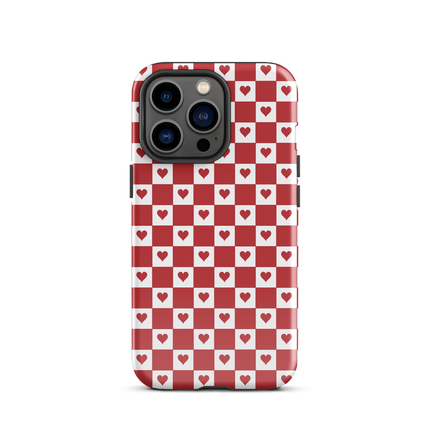 Phone Case for iPhone with cute red heart checkered design, featuring playful crimson hearts on a red-and-white pattern.