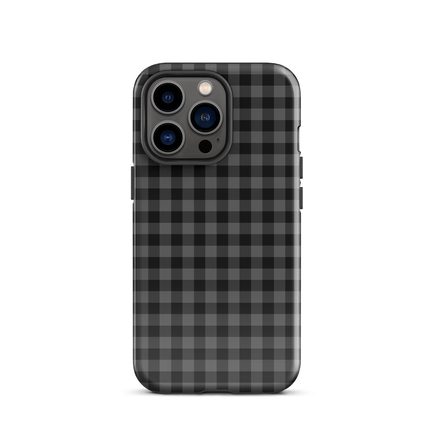 Phone Case with black and charcoal gingham pattern for iPhone, combining modern style and durable protection.