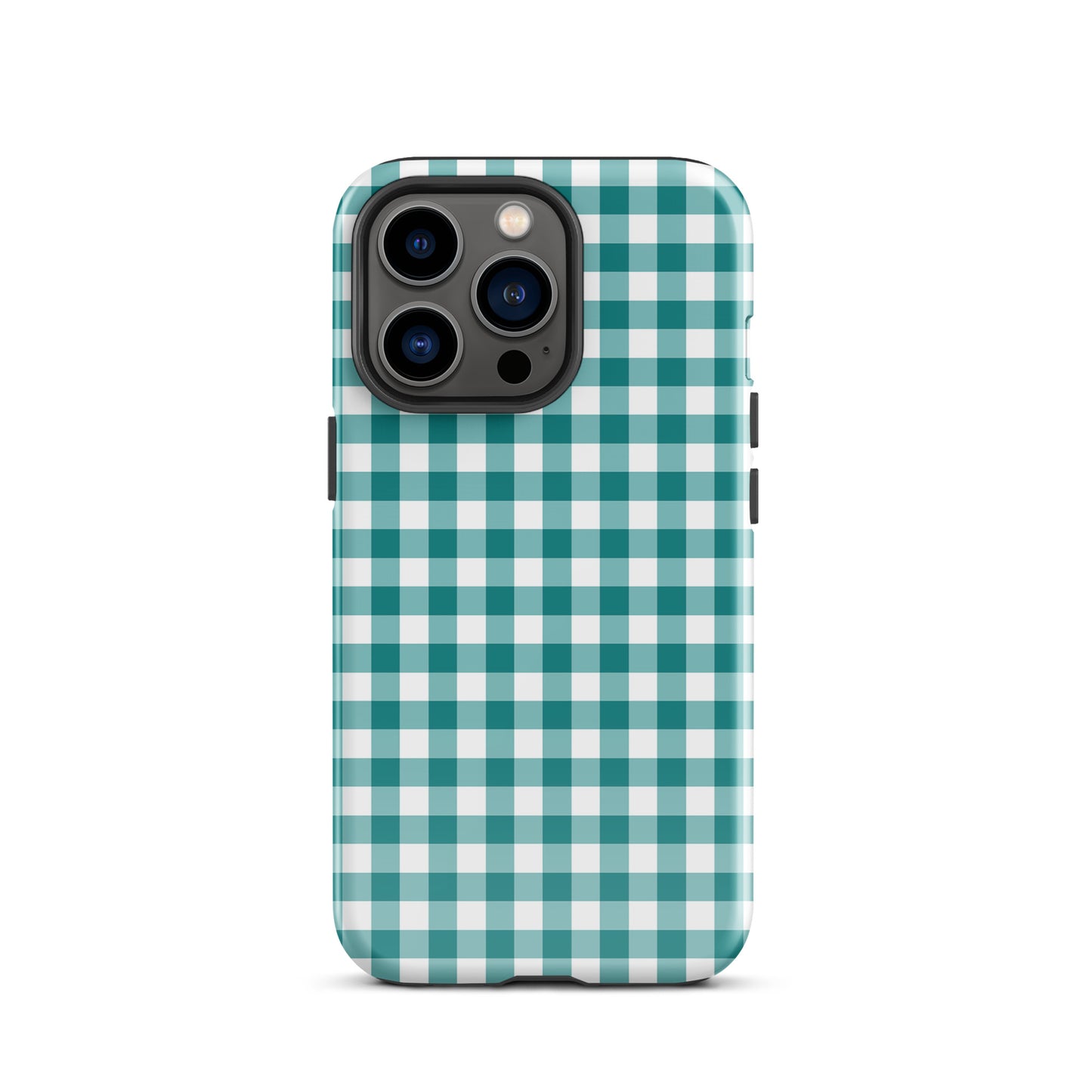 Phone Case with teal and white gingham pattern for iPhone, stylish and durable accessory.