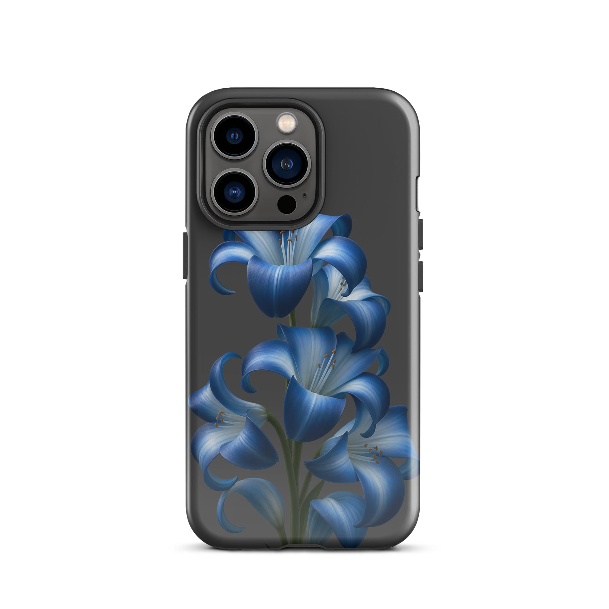 Phone Case with blue lily bloom art for iPhone, featuring a tough dual-layer design.