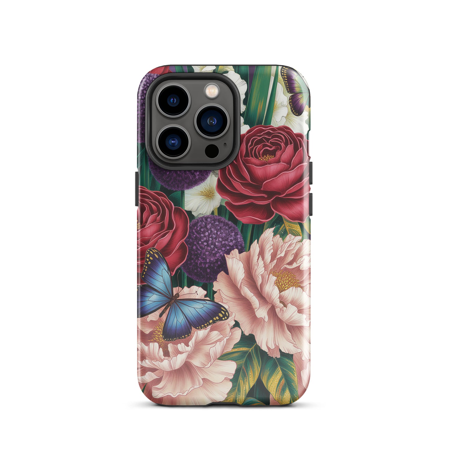 Phone Case for iPhone with Botanical Garden Bloom design featuring crimson roses, pink peonies, purple alliums, and blue butterflies.