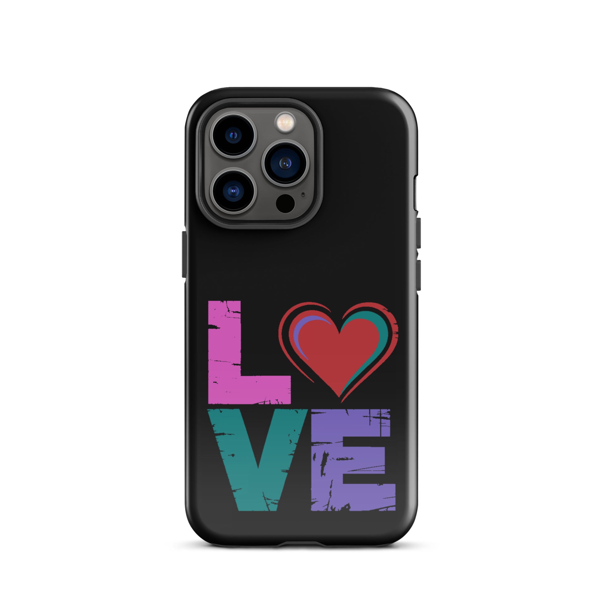 Love Dual Layer Tough Case for iPhones with colorful love design on black background.